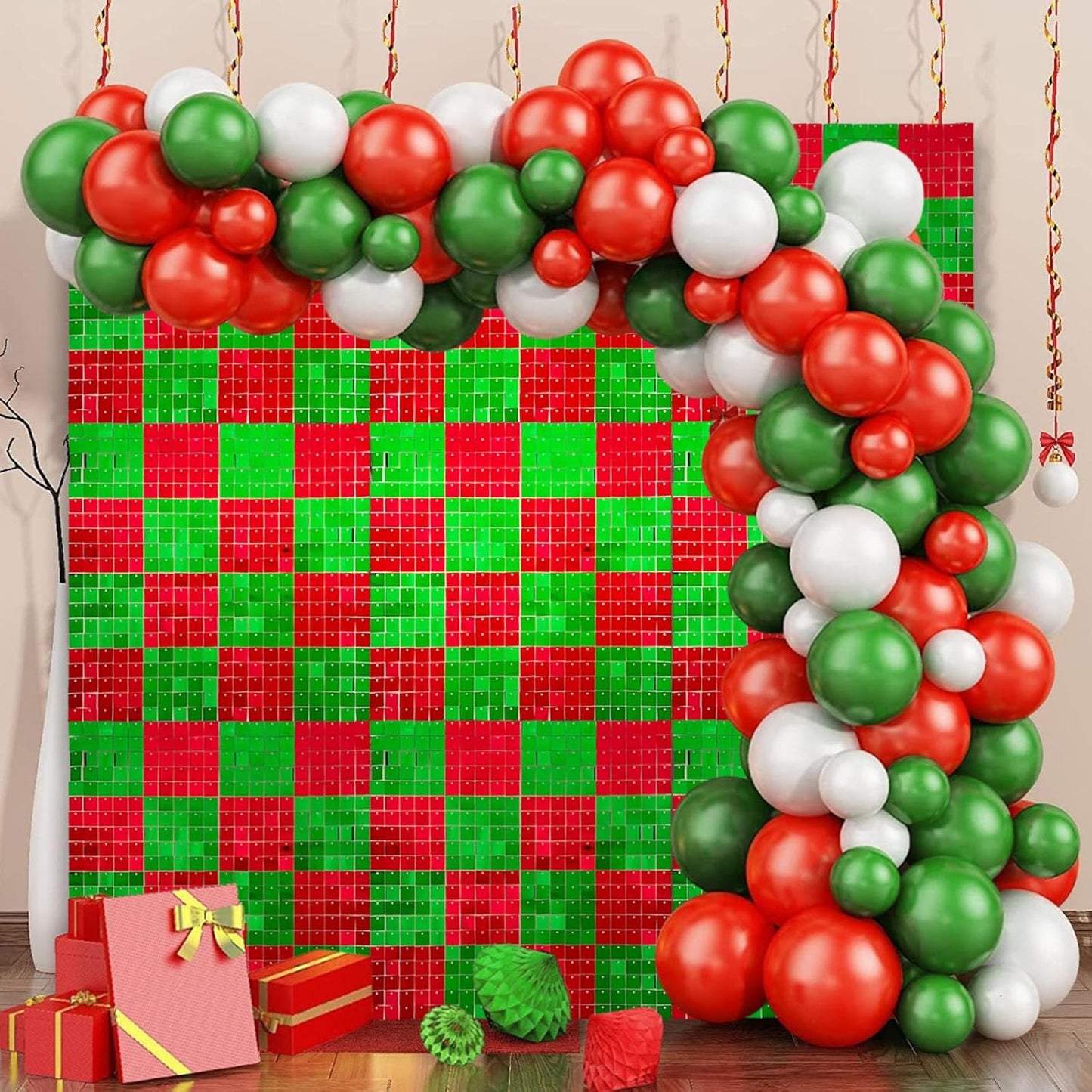 24PCS Red Green Shimmer Wall Backdrop, Xmas Square Sequin Photo Backdrops Panel, Glitter Wall Background for Birthdays, Weddings, Christmas, Engagements, Disco Bachelorette Party Decor (4FTx6FT)