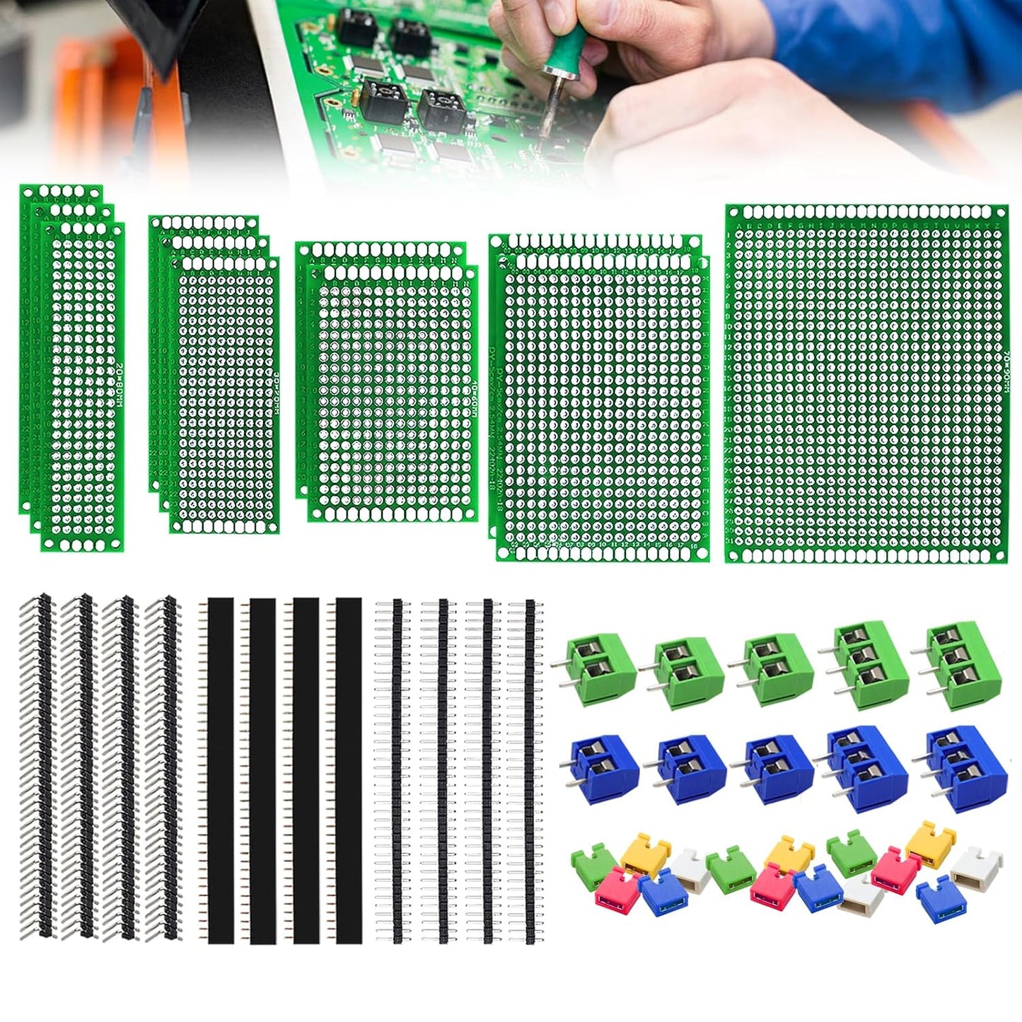 48PCS Double Sided PCB Board Kit for DIY Soldering and Electronic Project Circuit Boards Prototype Boards Compatible with Arduino Kits, 2.54mm Male and Female Header Connector