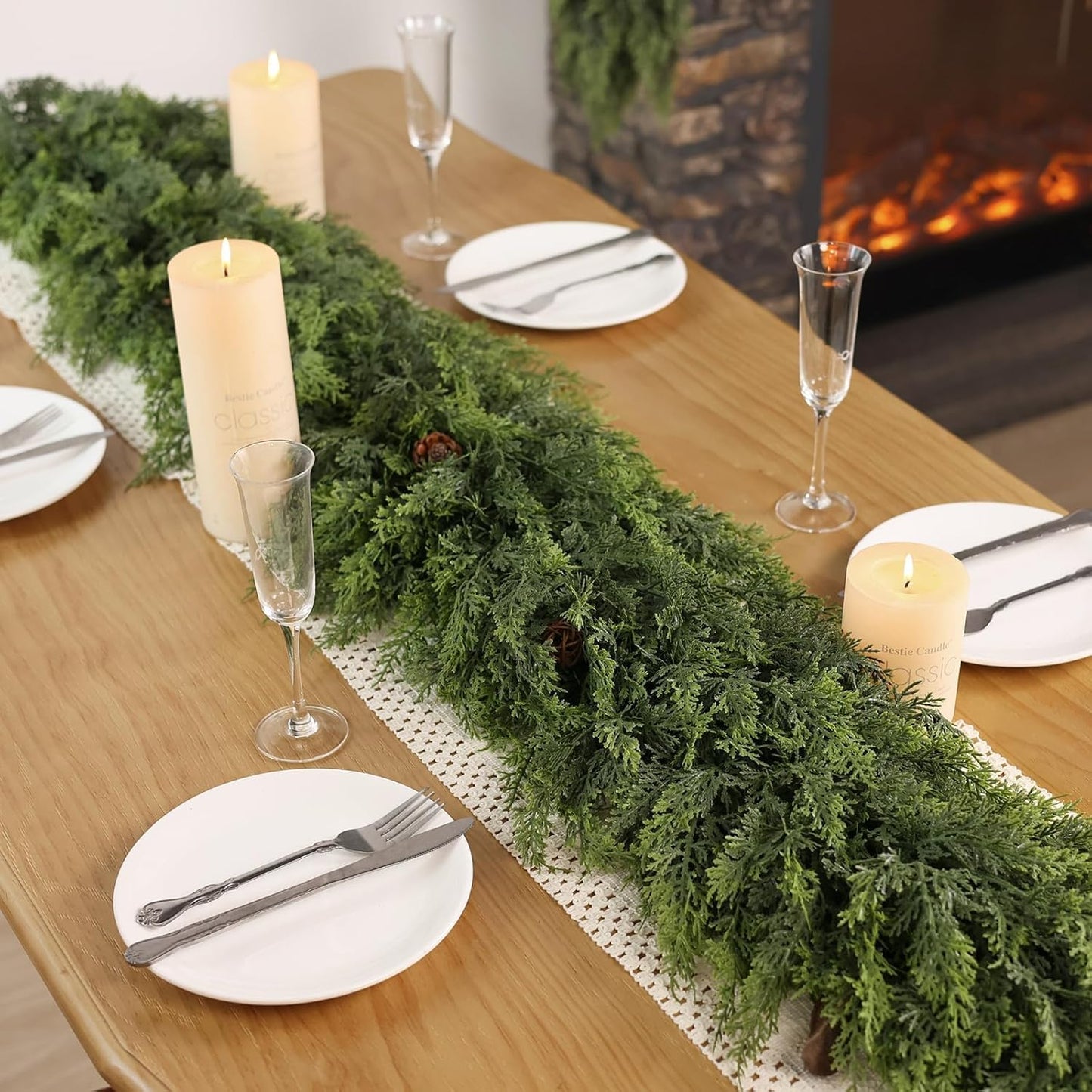 Christmas Cedar Garland - 16ft Artificial Cedar Garland Faux Lush Green Fake Pine Needles for Fireplace,Table,Window,Stairs,Mante,Holiday Indoor Outdoor Xmas Decor(1PCS)