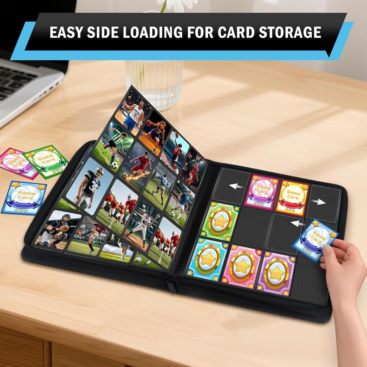 12 Pockets Trading Card Zipper Binder for 720 Cards, 30 Side-Loading Card Binder Folders, Ringless Card Sleeves with PU Cover, Collectible Trading Card Albums for Boys, Girls, Sports Game Cards, Blue