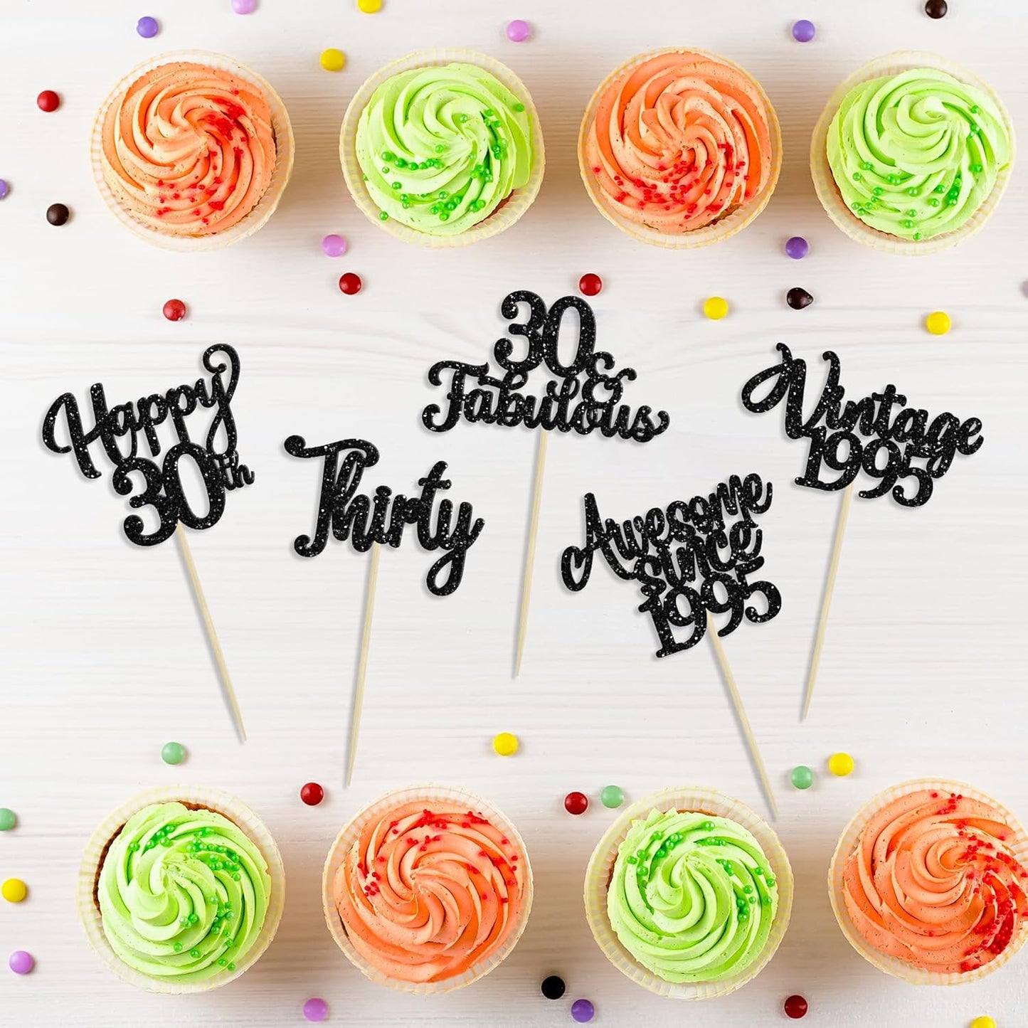 30Pcs Happy 30th Birthday Cupcake Toppers Glitter Thirty Vintage 1995 Cupcake Picks Cheers to 30 Fabulous Cake Decorations for 30th Birthday Wedding Anniversary Party Supplies Black