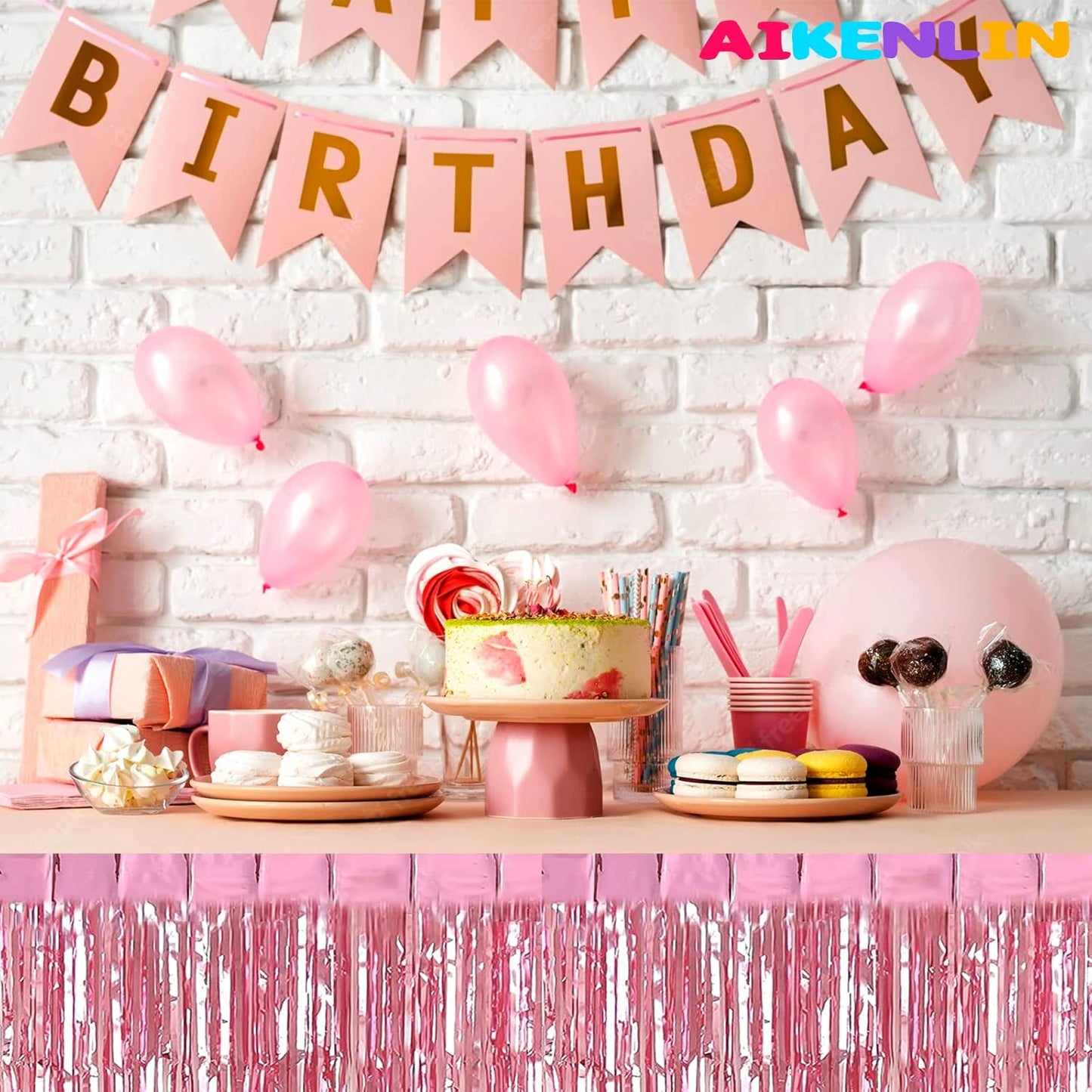 6 Pack 29x108 Inch Metallic Foil Fringe Tinsel Table Skirts Banner for Rectangle Tables Streamer Garland Curtains Backdrop for Wedding, Birthday, Parade Floats, Valentine's Day Party Decoration(Pink)