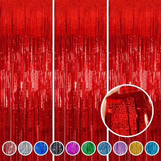 Foil Fringe Curtains Red Streamers Party Decorations - Melsan 3 Pack 3.2 x 8.2 ft red Fringe Backdrop Party Photo Backdrop for Back to School Birthday Party Baby Shower or Graduation Decorations