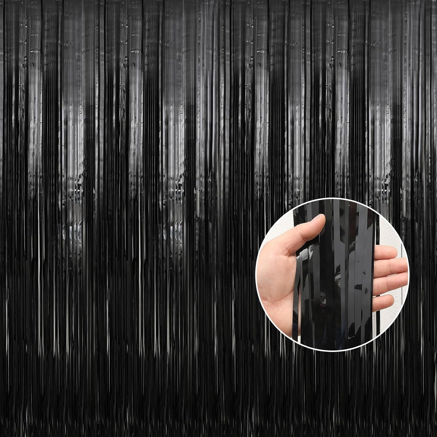 Crosize 4 Pack 3.3 x 9.9 ft Black Foil Fringe Backdrop Curtain, Streamer Backdrop Curtains, Streamers Birthday Party Decorations, Tinsel Curtain for Parties, Photo Booth Backdrops, Party Décor