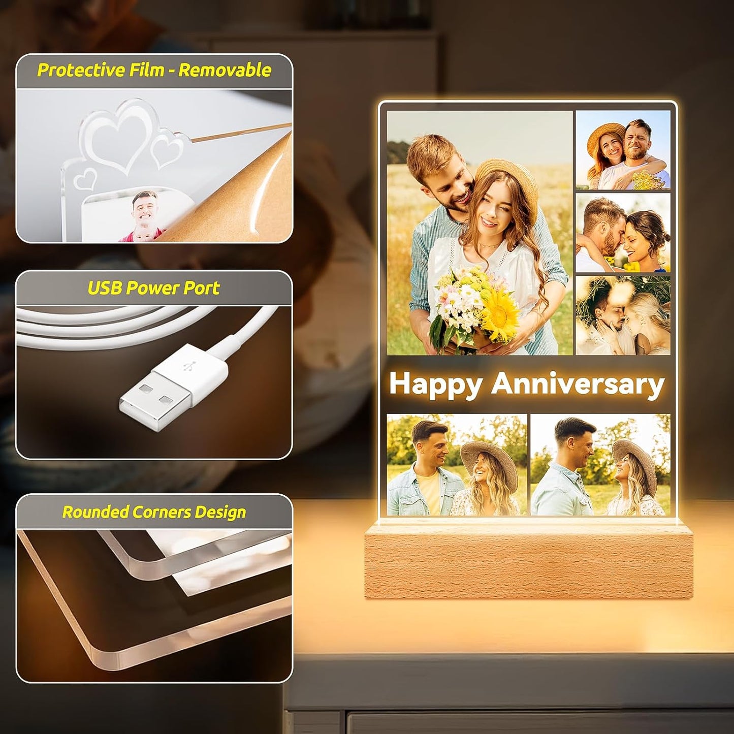 Custom Picture Frames with Photos, Personalized Photo Frame with Night Light, Customized Gifts for Couples, Personalized Anniversary Birthday Gifts for Women Men Her Him Boyfriend Girlfriend