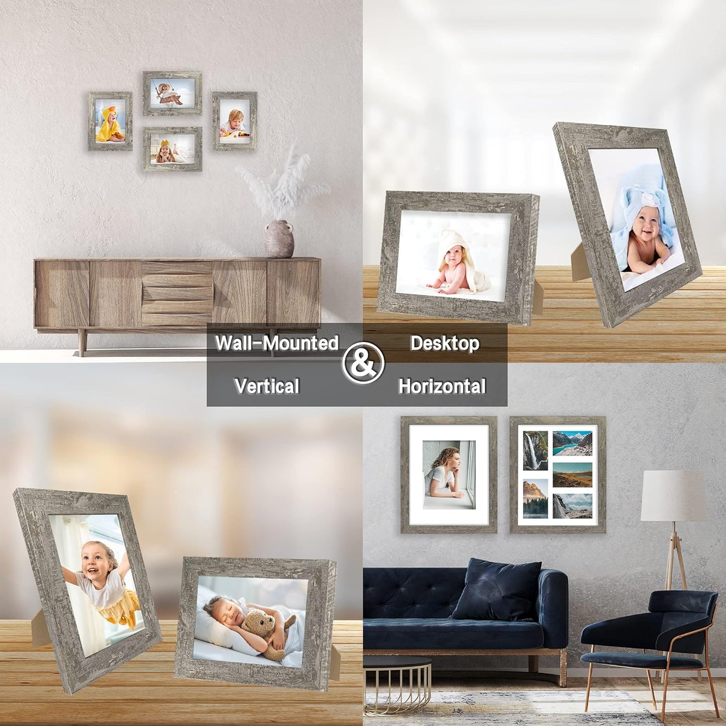 8x10 Picture Frame Set of 4, High Definition Glass Distressed Moss Green Frame, 8 x 10 Wood Photo Frames for Tabletop Display and Wall Mounting