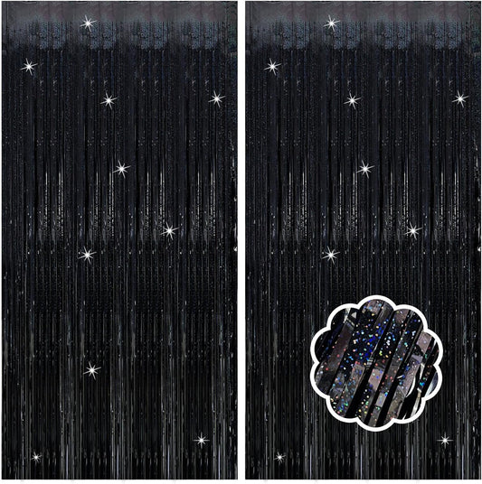 2 Pack Black Foil Fringe Curtain Backdrop Black Streamers Tinsel Backdrop Halloween Party Decor Birthday Wednesday Graduation Wizard Party Decorations for Men