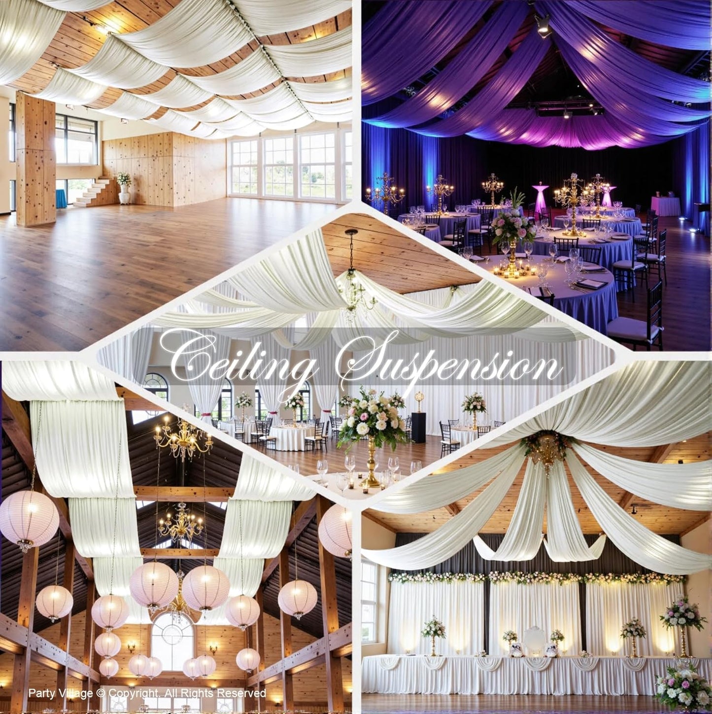 PartyVillage 4 Panels 5ftx30ft Ivory Ceiling Drapes for Wedding Parties – 30 FT Extra Long Thick Polyester Wrinkle-Free Drapery Tent Decor Decorations for Birthday Party Ceremony Stage Swag