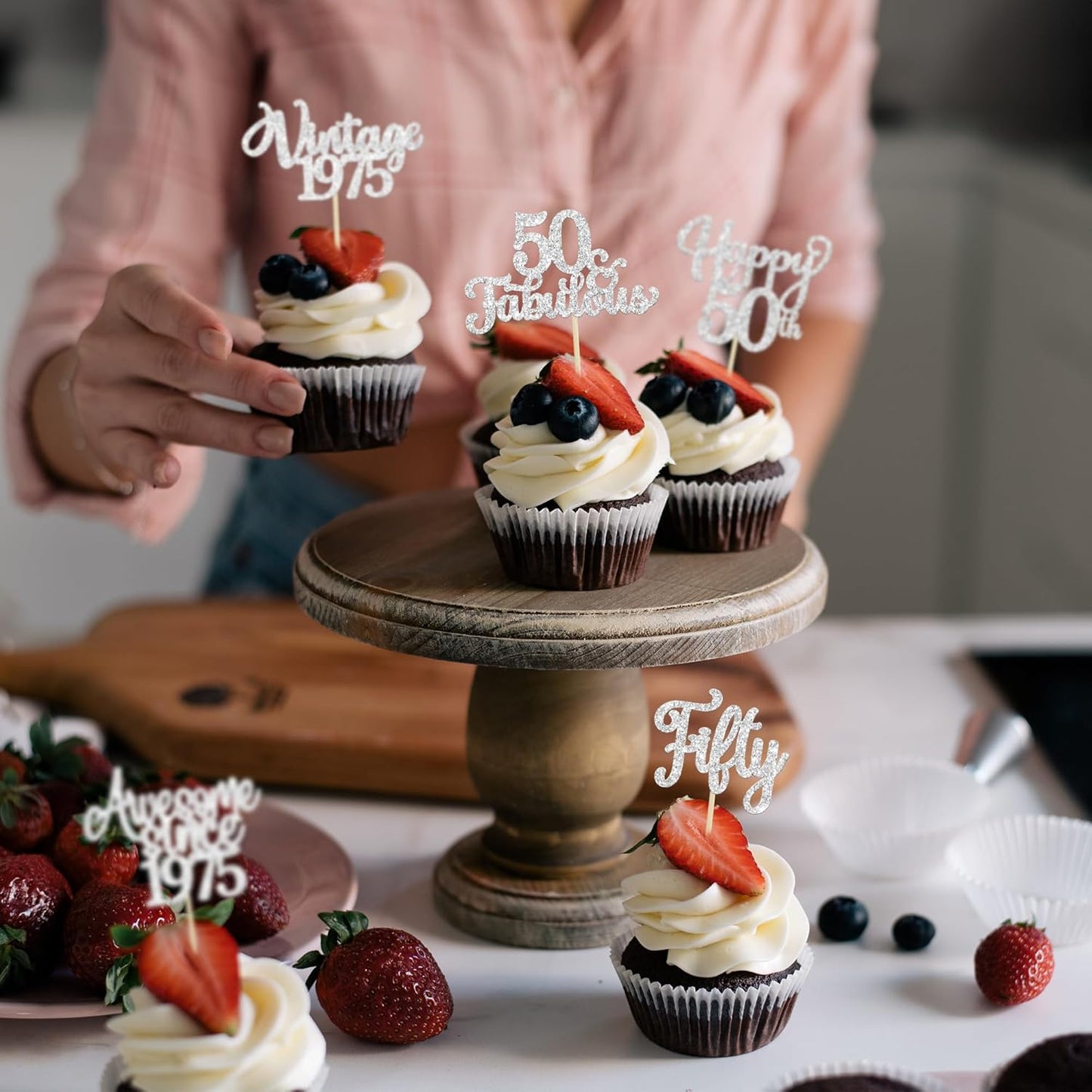 30Pcs Happy 50th Birthday Cupcake Toppers Glitter Fifty Vintage 1975 Cupcake Picks Cheers to 50 Fabulous Cake Decorations for 50th Birthday Wedding Anniversary Party Supplies Silver