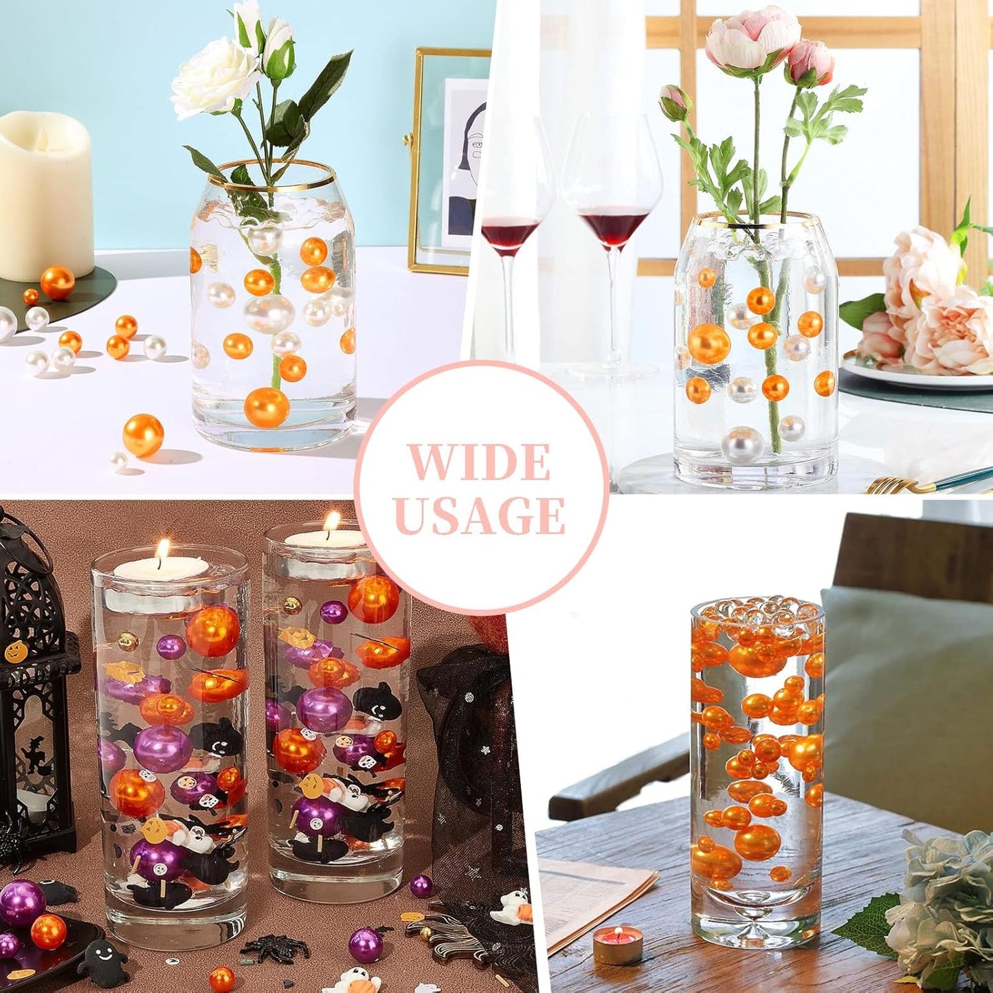 100PCS Orange Faux Pearls Beads for Centerpiece Vases, Vase Filler Faux Pearls, No Holes Filler Beads for Party Anniversary Birthday Wedding Table Decor, 14/20/30mm