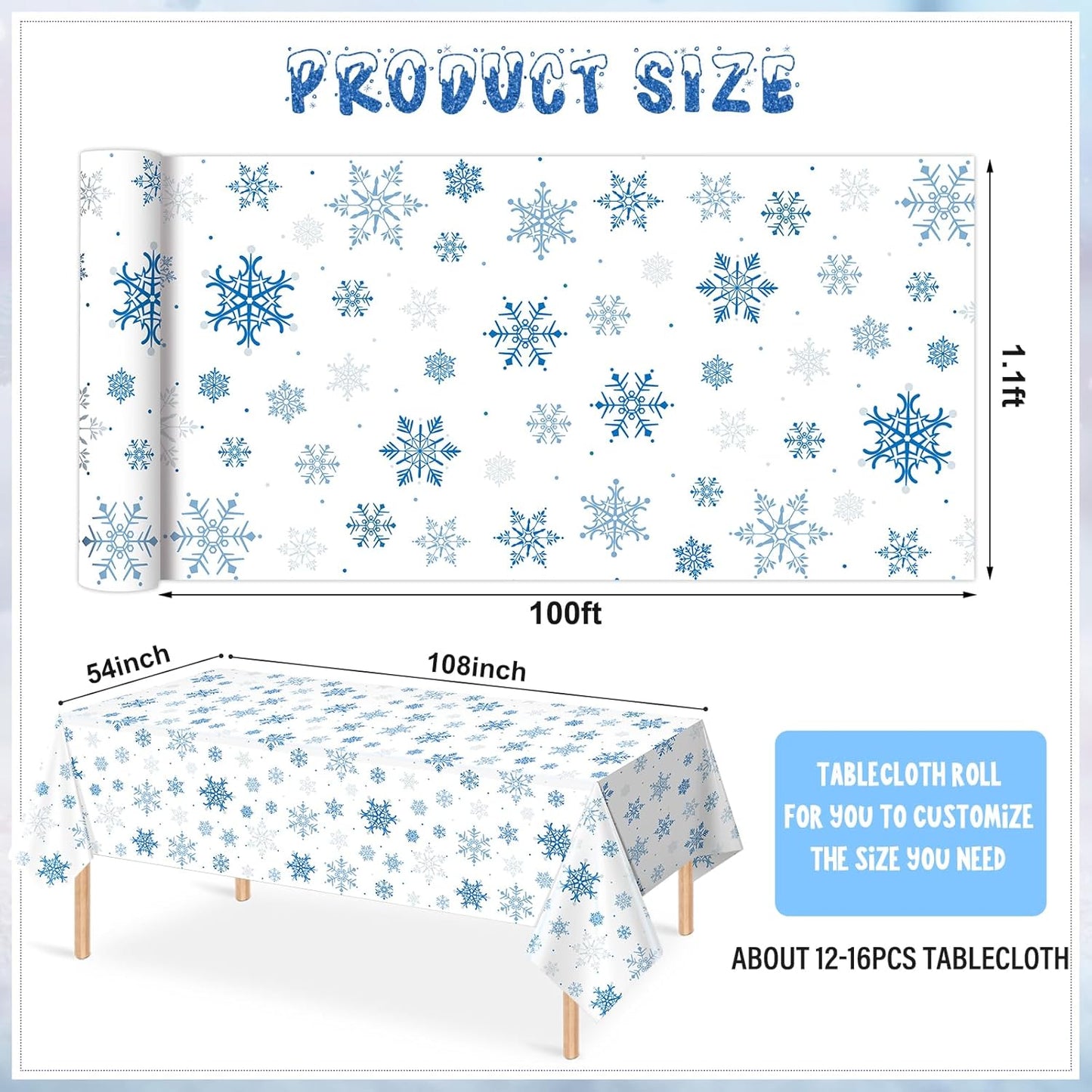 4.5x100 Feet Roll of Christmas Plastic Tablecloth Decorations,Disposable White Snowflake Blue Xmas Table Cover Photography Backdrop with Cutter Box for Winter Christmas Holiday New Year Party Supplies