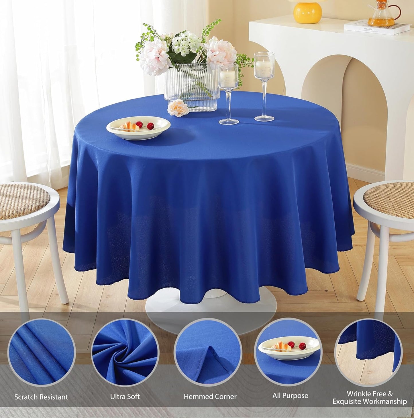Craft And Party Round Tablecloth, 108 Inch Royal Blue Tablecloth, Polyester Fabric Washable Table Cloth for Home, Party, Wedding or Restaurant Use.