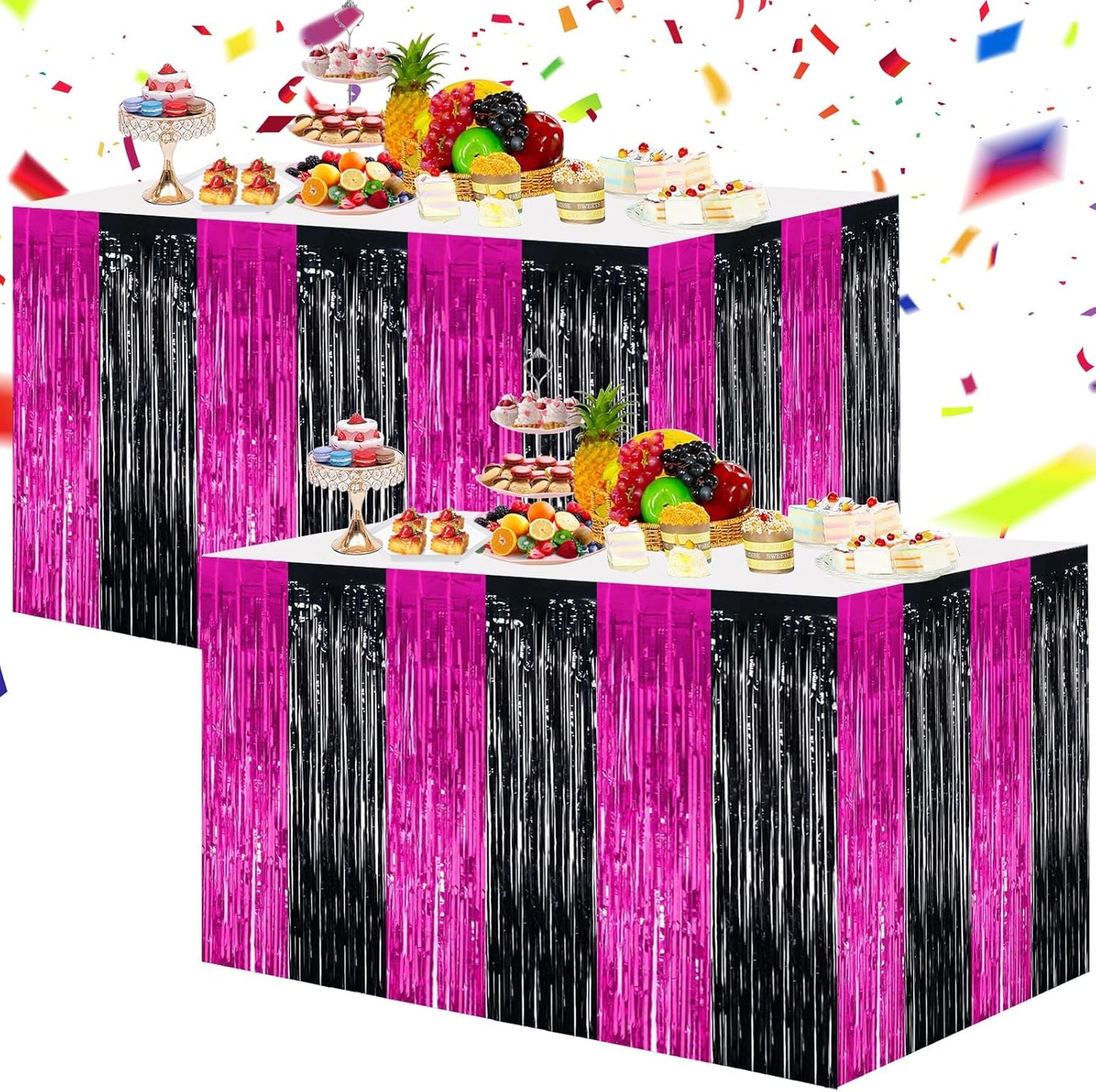 BEISHIDA 2 Pack Hot Pink Black Table Skirts Party Decorations Purple Metallic Tinsel Foil Fringe Table Skirts for Mouse Theme Birthday Mean Girls Hot Girls Wednesday Party