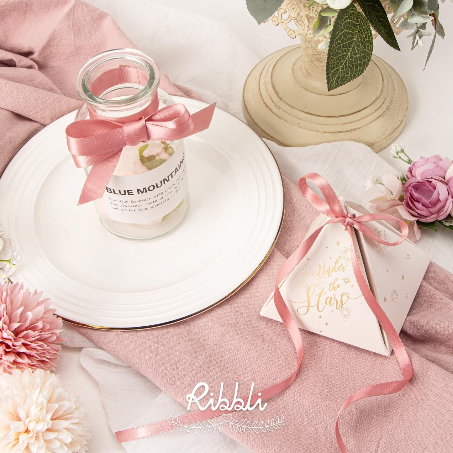 Ribbli Double Faced Dusty Pink/Rose Gold Satin Ribbon,1/4” x Continuous 25 Yards,Use for Craft Bows Bouquet, Gift Wrapping, Wedding Decoration, Floral Arrangement