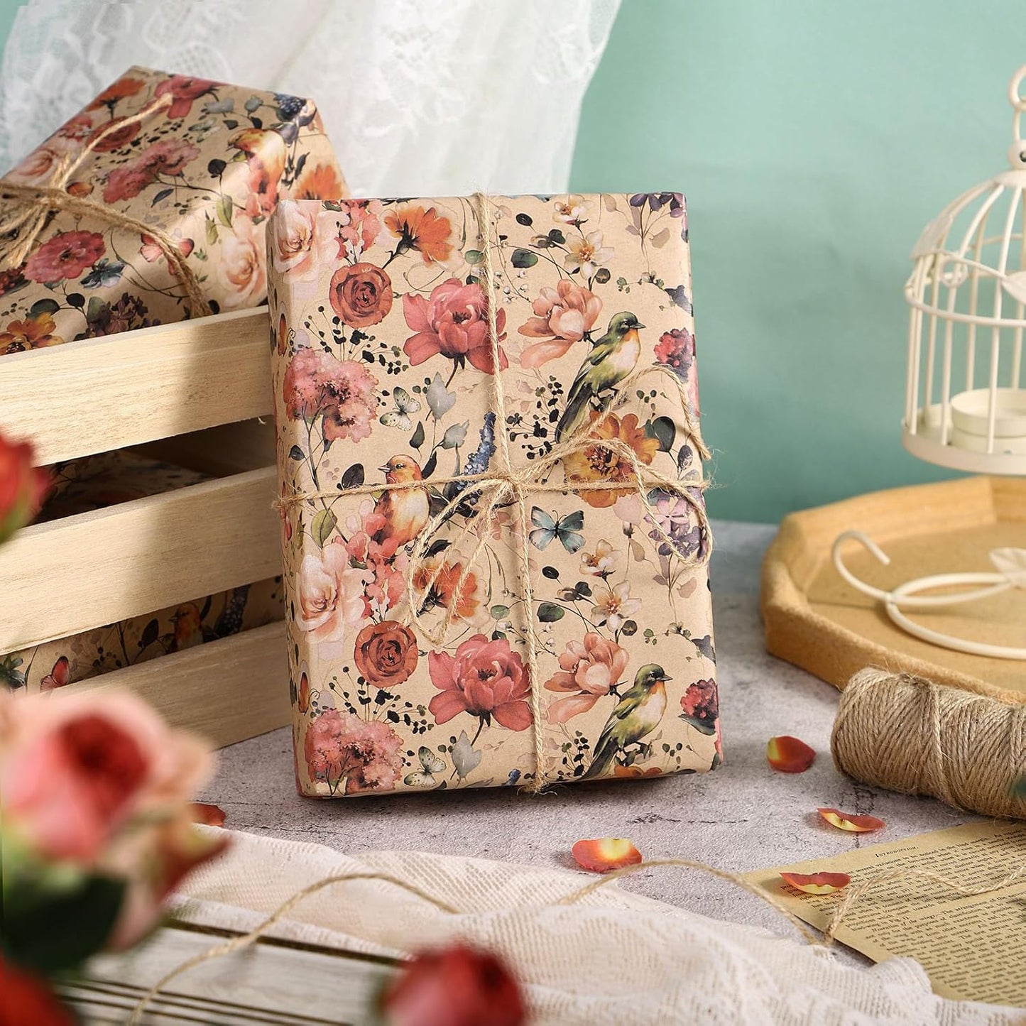 RUSPEPA Floral Wrapping Paper Bouquet for Women, 17 in x 16.4 ft, Mini Roll, Blooming with Bird and Butterfly Design, Kraft Wrapping Paper Roll for Spring, Birthday and Baby Shower