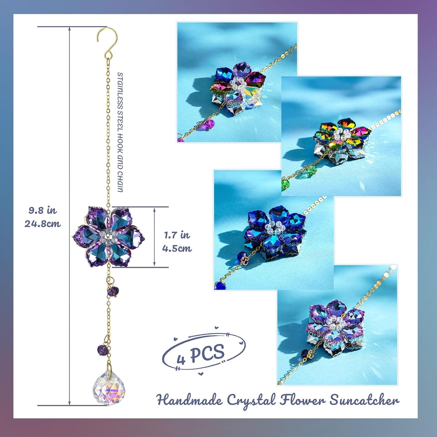 HDCRYSTALGIFTS 4pcs Crystal Flower Suncatchers for Window Hanging Ornaments, Rainbow Maker Crystal Sun Catchers Indoor Window Outdoor Patio Garden Decor Gifts (Multicolor)