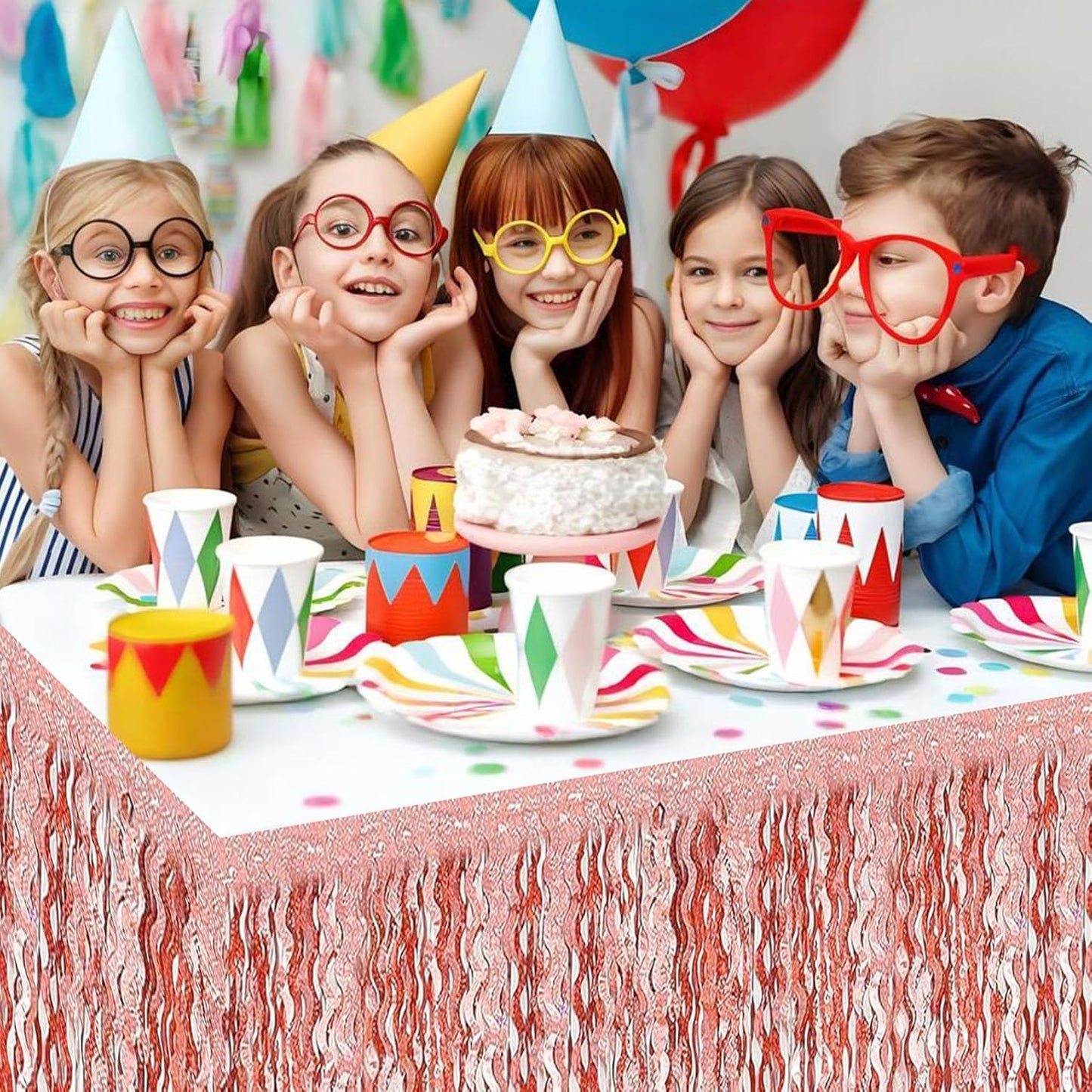 6 Pack 29x108 Inch Rose Gold Wave Foil Fringe Table Skirts Metallic Banner for Tinsel Streamer Garland Backdrop for Parade Floats Mother's, Graduate, Mardi Gras, Birthday, Wedding Party Decorations