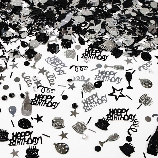 VHUWE Happy Birthday Confetti, 1.6 oz Black Silver Cake Balloon Star Goblet Bottle Confetti for Happy Birthday Party Decorations Boys Girls Kids Women Men Birthday Table Decorations | Black Silver