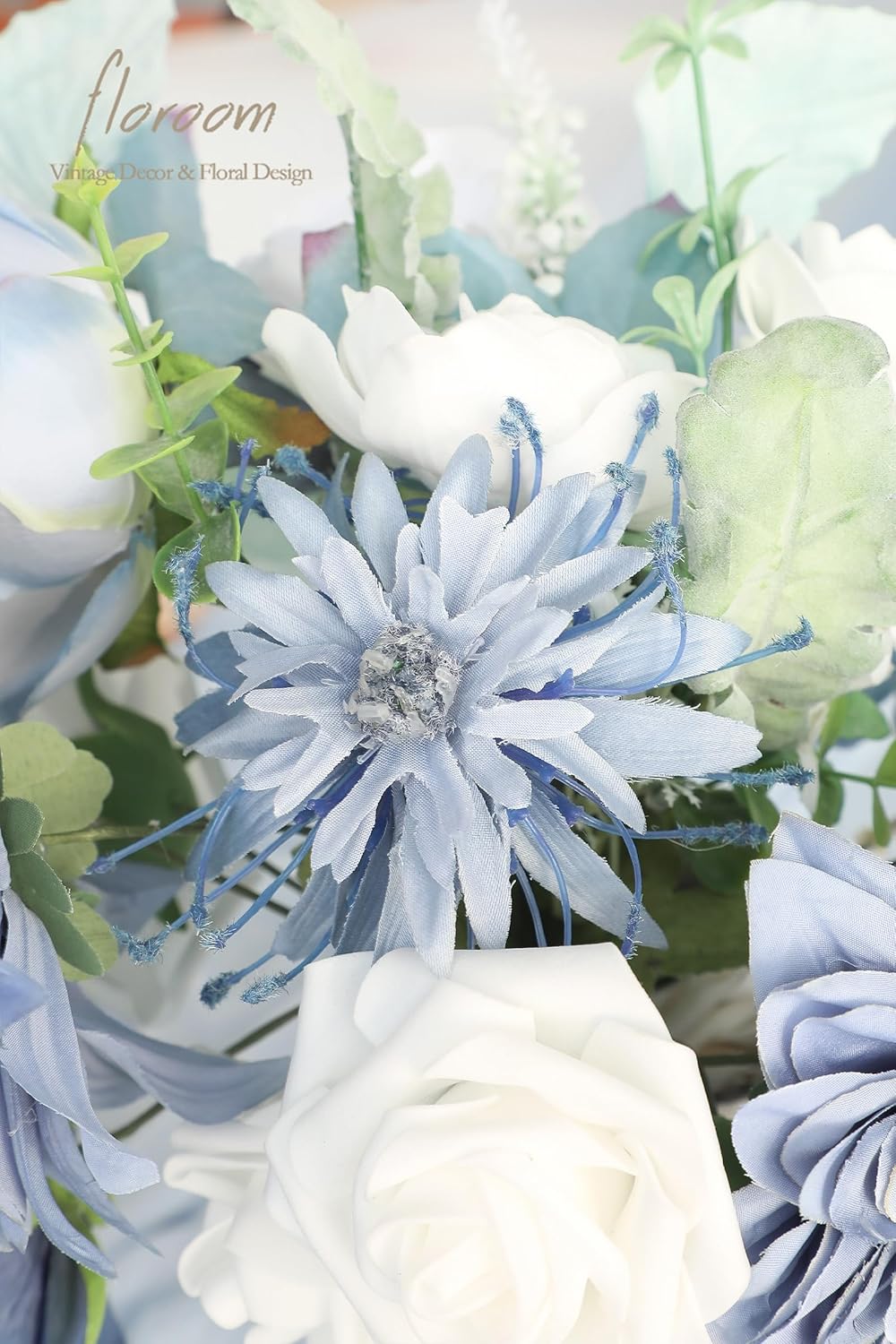 Floroom Dusty Blue Powder Blue Artificial Flowers Fake Roses Dahlias and Greenery Combo Box Set for DIY Wedding Bouquets Bridal Shower Centerpieces Floral Arrangements Party Tables Home Decorations