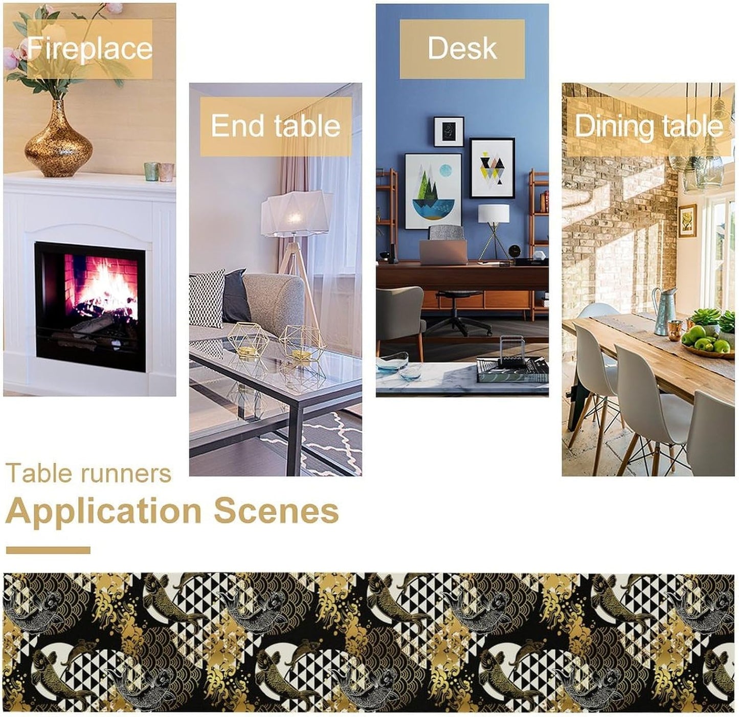 Japanese Table Runner Oriental Tradition Kio Fish Gold Art Printed Burlap Runner Home Kitchen Dining Table Living Room Decor Fabric 1 Panel W13xL70in