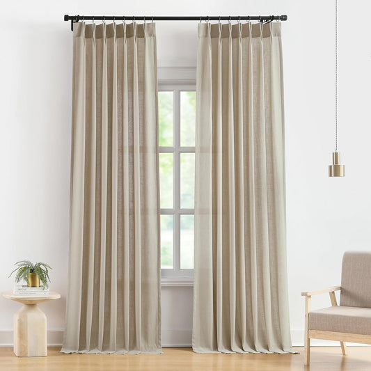 Vision Home Sand Pinch Pleated Semi Sheer Curtains Textured Linen Blended Light Filtering Window Curtains 112 inch for Living Room Bedroom Pinch Pleat Drapes with Hooks 2 Panels 40" Wx112 L
