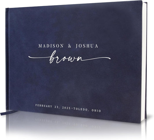 Personalized Guest Book - 11.5" x 8.5" Custom Bride & Groom Names with Bookmark and Hard Cover 140 GSM Blank Pages, for Weddings Guest Book, Engagements, Birthdays, Special Events, Navy