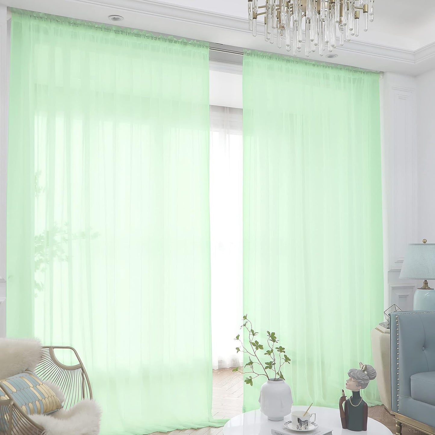 Window Light Green Sheer Curtains 90 Inches Long 2 Panels Sheer Curtain Basic Rod Pocket Panel for Bedroom Children Living Room Yard Kitchen (Light Green, 52" W x 90" L | 2 pcs)