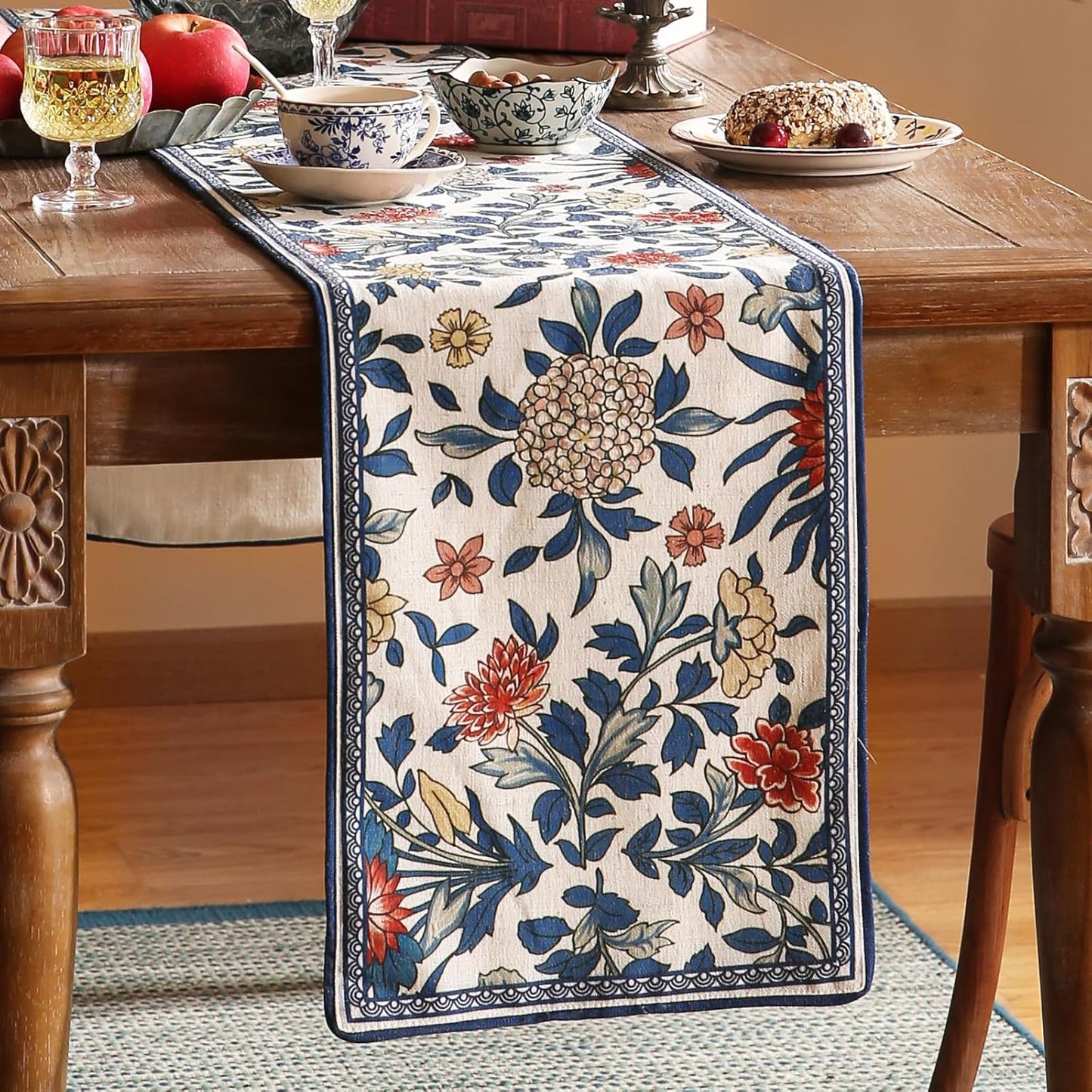 patdrea Designer Blue Cottage Rustic Floral Patterned Linen Table Runner 71 Inch Long,Wrinkle Resistant Table Mat,Decoration for Kitchen Dining and Coffee Tables Banquet Christmas , 12"x71"