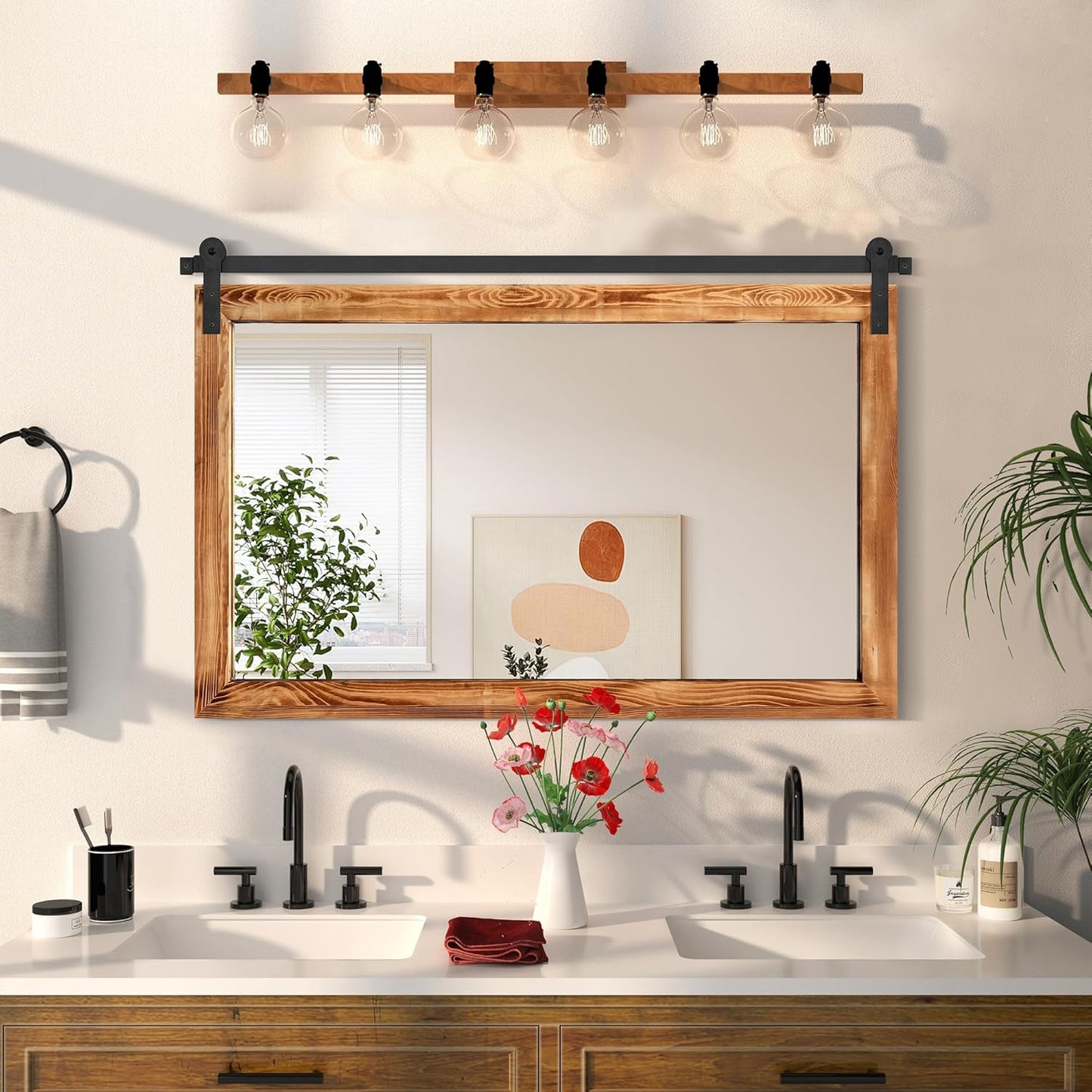 COGOOD Farmhouse Bathroom Mirror - 45 x 30 Large Rectangle Barn Door Mirror for Vanity, Bedroom, Living Room Wall Decor (Brown)