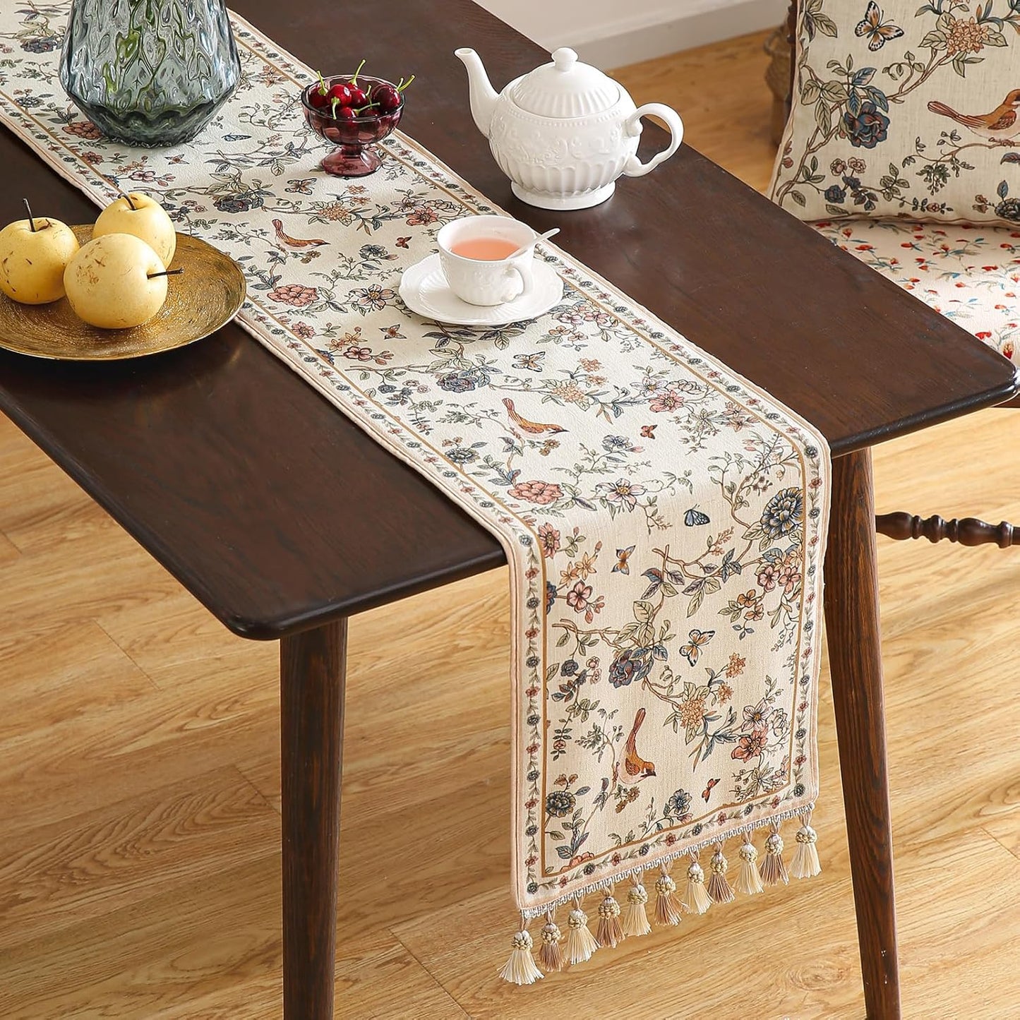 ISAENNE Designer Linen Table Runner 71 Inches Long,Elegant Floral Bird Pattern Table Runners for Dining Room,Farmhouse Rustic Kitchen Decor,Thanksgiving,Christmas,12"*71"-Cornucopia