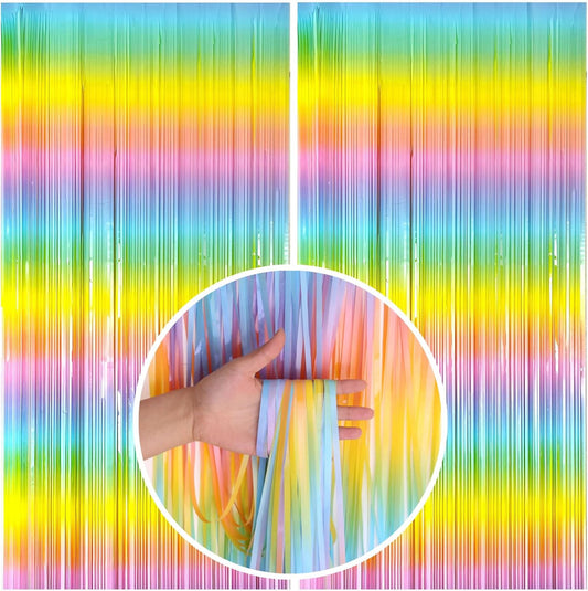 Pastel Rainbow Foil Fringe Curtain Streamers Party Backdrop Foil Fringe Backdrop Curtains Tinsel Streamers for Birthday Party Easter Decorations
