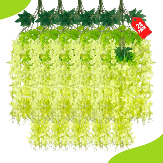24 Pack Green Wisteria Hanging Flowers, 3.4 Ft Fake Hanging Flowers, Artificial Wisteria Garland Vines for Wedding Room Backdrop Outdoor Patio Garden Decoration