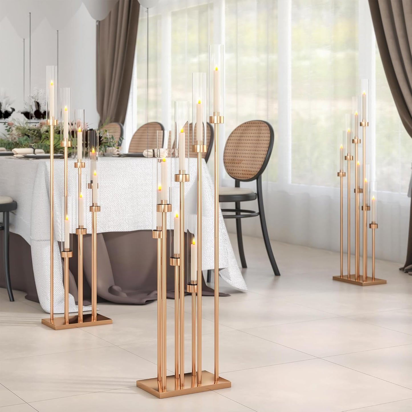 46.5'' Floor Candelabra 7 Arms Floor Candle Holders for Wedding Gold Candle Sticks Holder Decor Metal Candlestick Set with Acrylic Lampshades for Home Party (7 arm Square 46.5in)