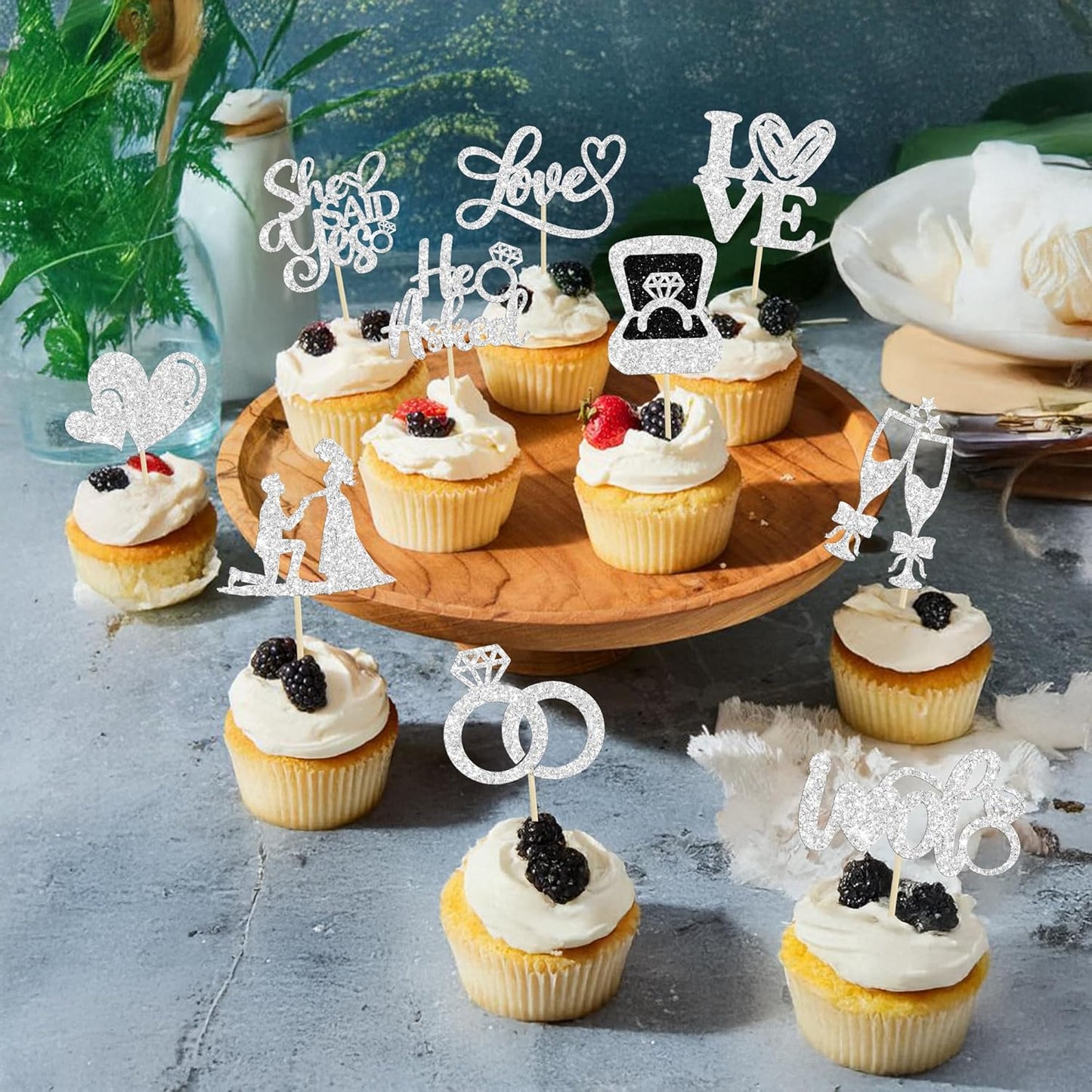 Ephlyn 30Pcs He Asked She Said Yes Cupcake Toppers Glitter Engagement Cupcake Toppers Diamond Ring Heart Love I Do Cupcake Picks for Engagement Wedding Party Cake Decorations Silver