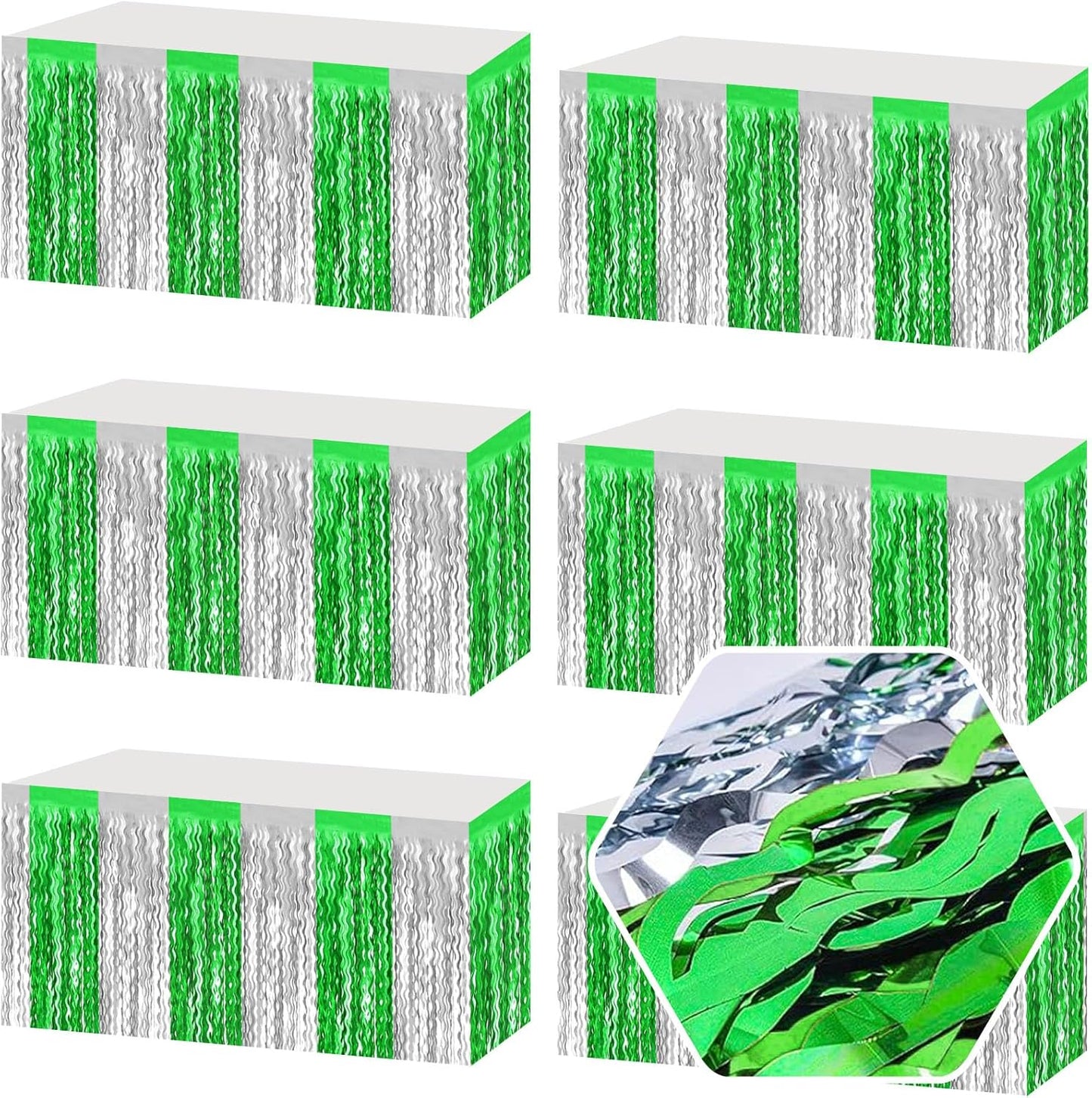 6 Pack 29 x108 Inch Silver Greenange Wave Foil Fringe Table Skirts Metallic Banner for Tinsel Streamer Garland Backdrop for Parade Floats, Mother's Day, Easter, Wedding, Birthday Party Decoration