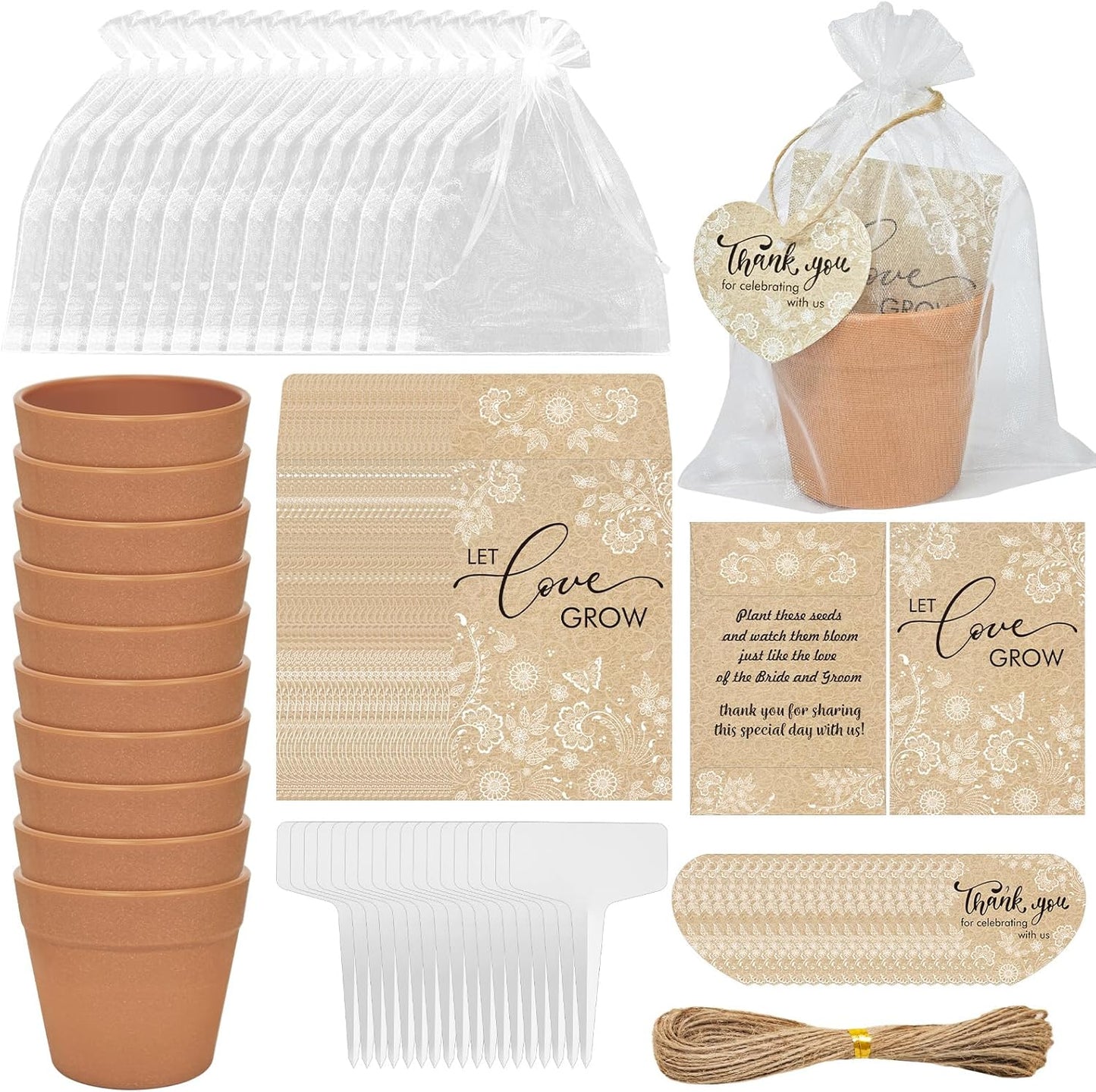 Cinrobiye 50 Sets Let Love Grow Wedding Favors for Guests Seed Packet Bags (Seed Not Include) with Tags & Labels Flowerpot for Bridal Shower Party Favors Bulk Wedding Souvenirs for Guests(Retro)