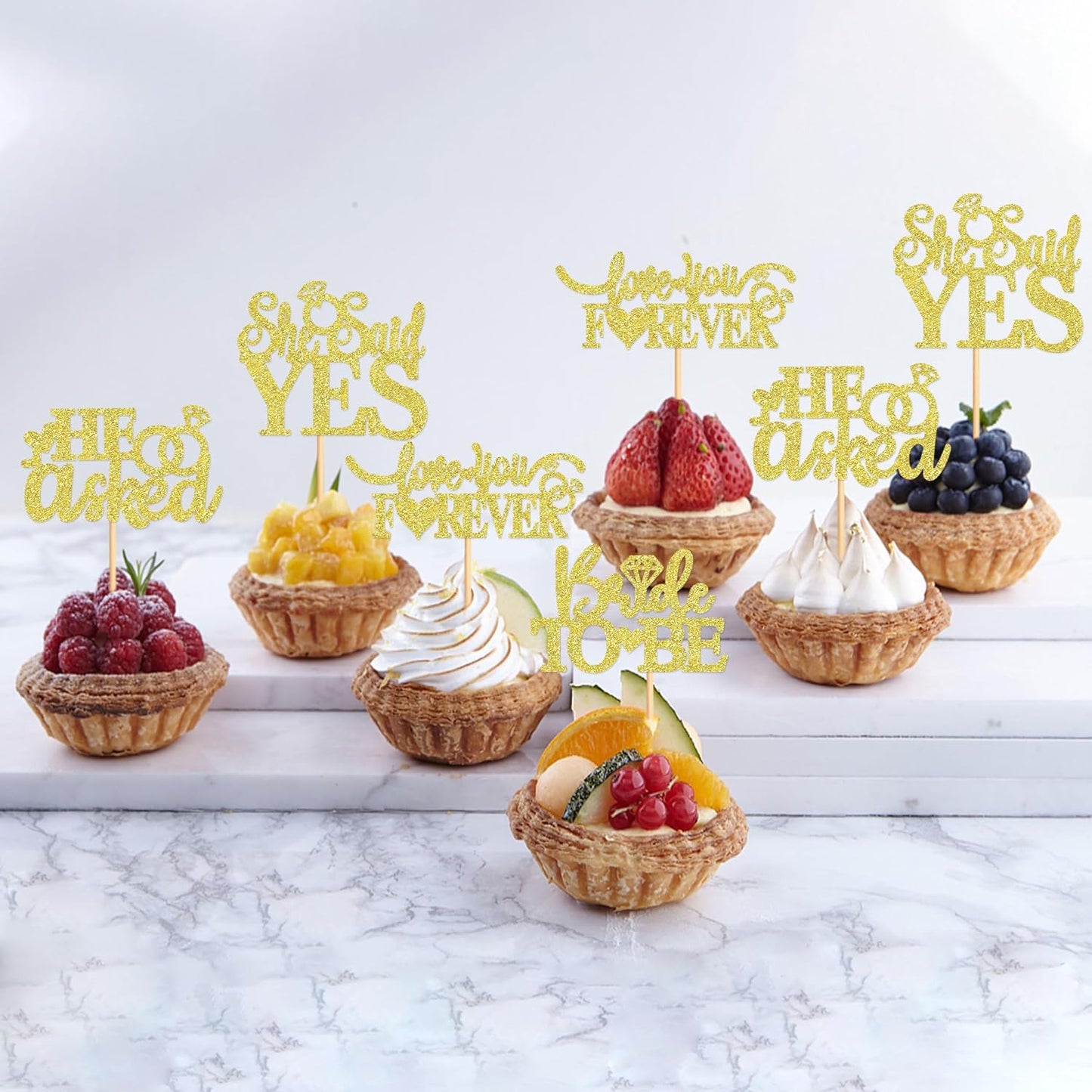 24 Pcs He Asked She Said Yes Cupcake Toppers Cake Picks for Wedding Engagement Party Cake Picks for Wedding Bridal Shower Party Cake Decorations golden
