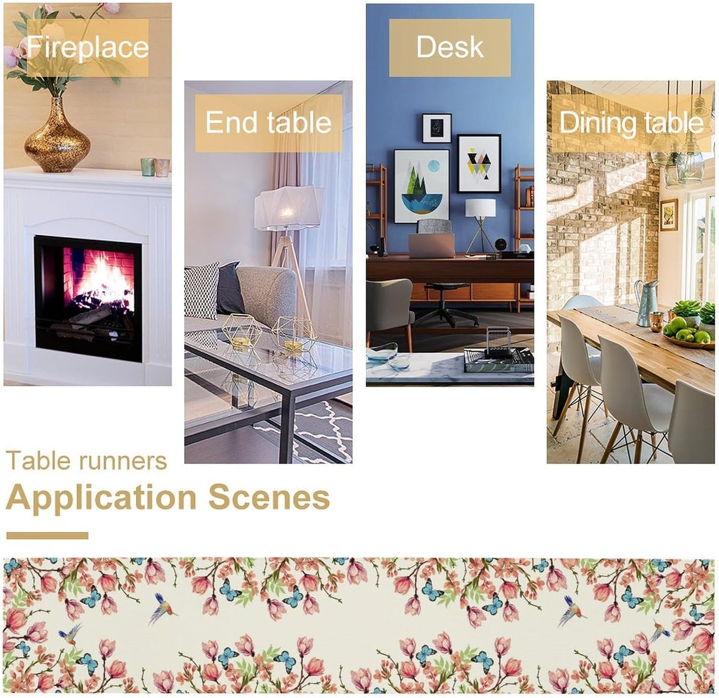 Flowers Table Runner,Floral Bird Butterfly Spring Table Cloth Kitchen Dining Table Home Party Decoration 13x72 Inch