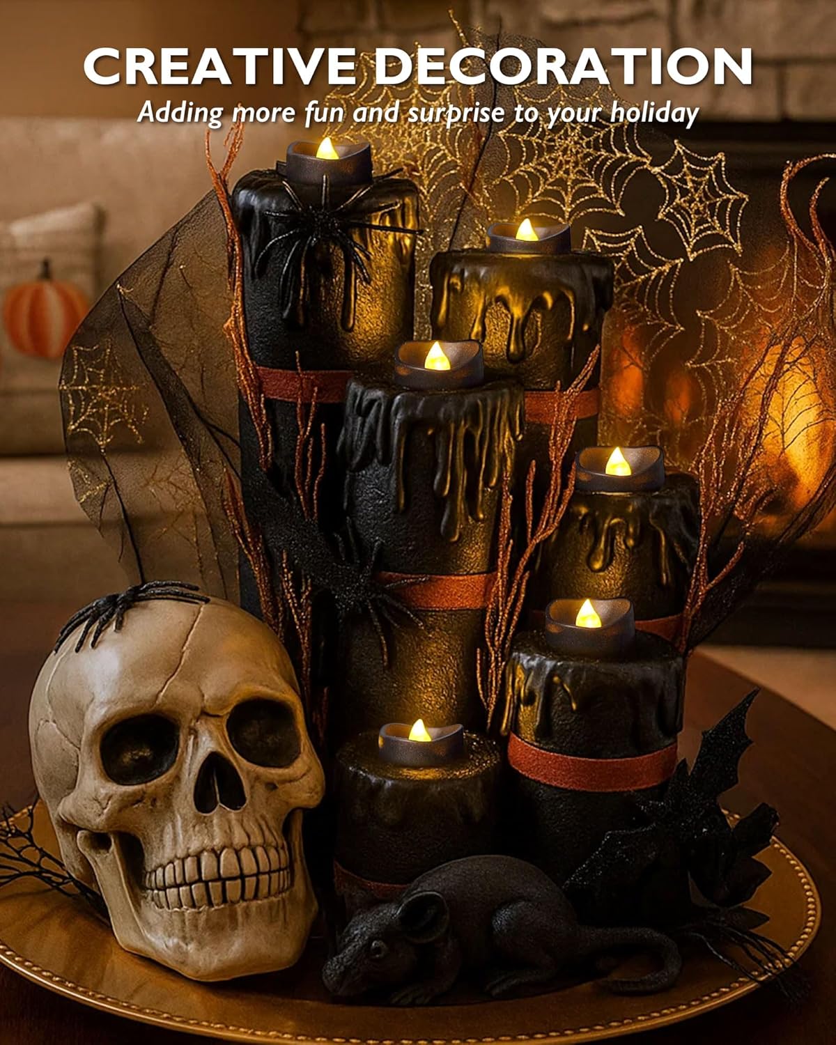 Homemory Black Tea Lights Candles Battery Operated, 200+Hour Flameless Flickering Fake Electric LED Colored Tealights Candles for Halloween, Theme Party, Wedding Table Decor, Holiday Decor, 24-Pack