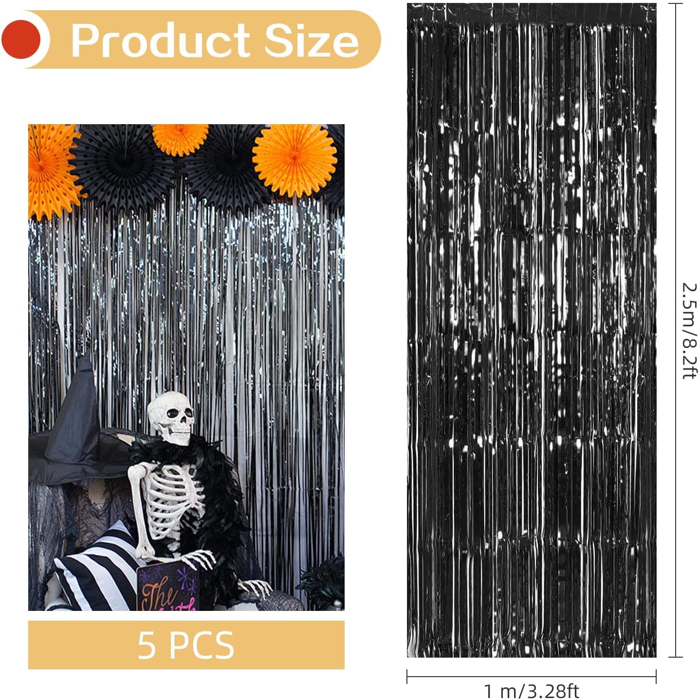 5 Pack Black Fringe Backdrop 3.2ft x 8.2ft Foil Curtain Tinsel Streamers for Birthday Party Decoration Wedding Christmas (Black)