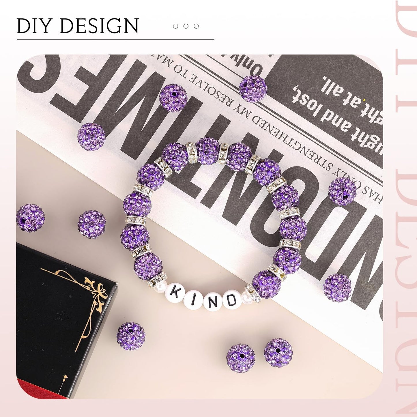 100 pcs 10mm Rhinestone Beads for Jewelry Making, Purple Shiny Round Shamballa Disco Beads Bulk, Sparkle Crystal Clay Christmas for Bracelet Baseball Necklace Earring Crafting and DIY
