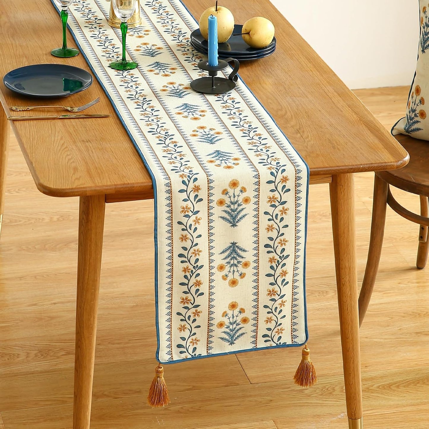 ISAENNE Designer Pale Yellow Elegant Linen Table Runner 71 Inches Long,French Floral Pattern Elegant Table Runners for Dining Tables,Thanksgiving,Kitchen Tables,Christmas,12"*71"-Estevan A