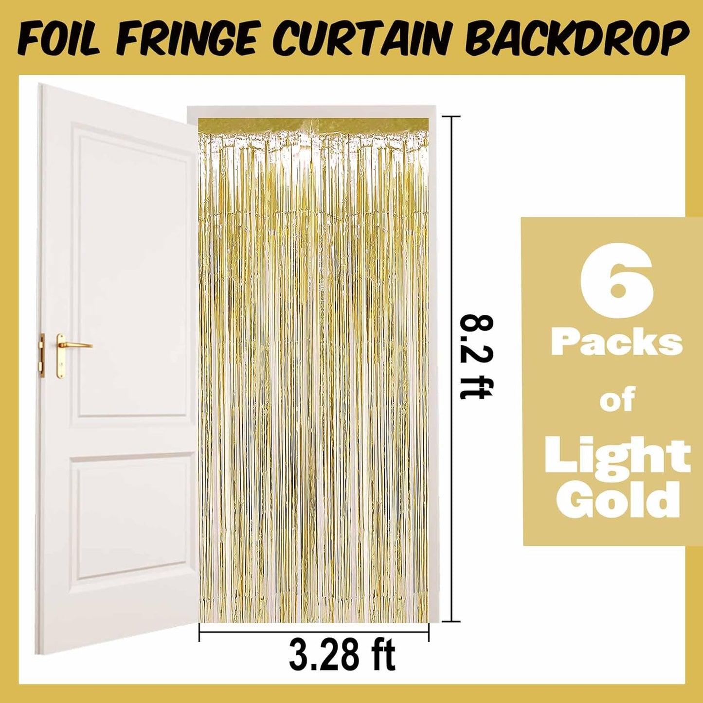 6 Pack Light Gold Foil Fringe Curtains Backdrop, 3.28 x 8.2 Ft Metallic Streamers Tinsel Curtains Background for Photo Booth, Birthday, Weddings, Carnivals, Graduation, Themed Party Decorations