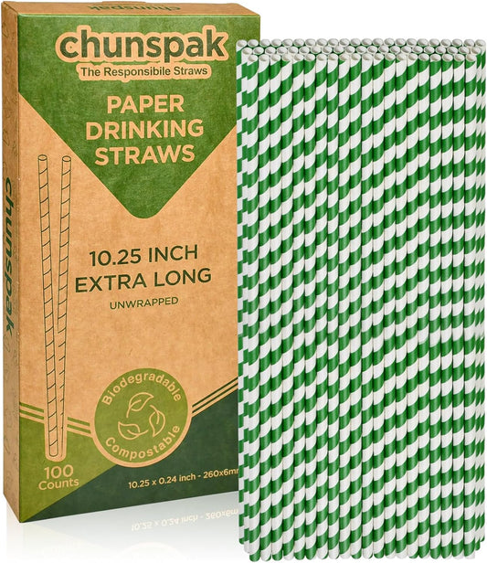 Eco-friendly 10.25 Inch Long Disposable Paper Drinking Straws 6mm Wide [100 Pack] - Green/White Striped