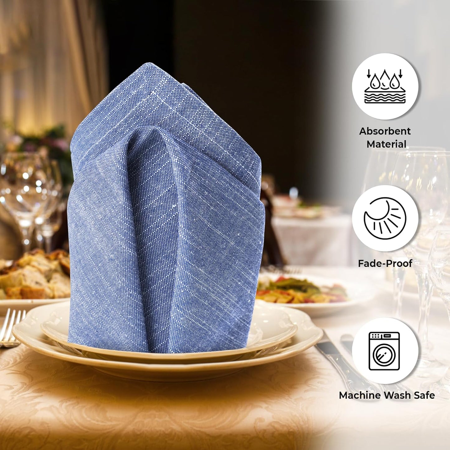 Urban Villa Cloth Napkins 100% Cotton Slub Absorbent Dinner Napkins (Set of 12) Oversized 20x20 Inches Blue White Chambray Soft Durable Reusable Washable Ideal for Everyday Use Premium Quality