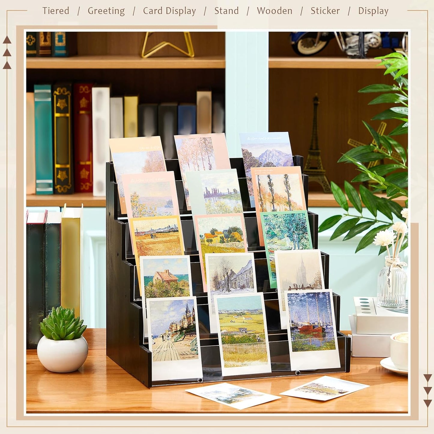 5 Tier Greeting Card Display Stand Black Bamboo and Acrylic Sticker Display Stand Trading Card Holder Retail Photos Shelf for Vendors Craft Collection & Show