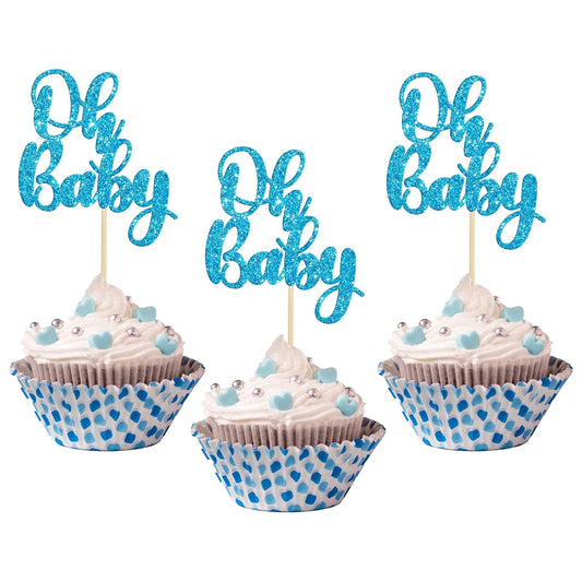 Gyufise 36 Pack Blue Glitter Oh Baby Cake Cupcake Toppers Picks for Wedding Birthday Baby Shower Party Decorations