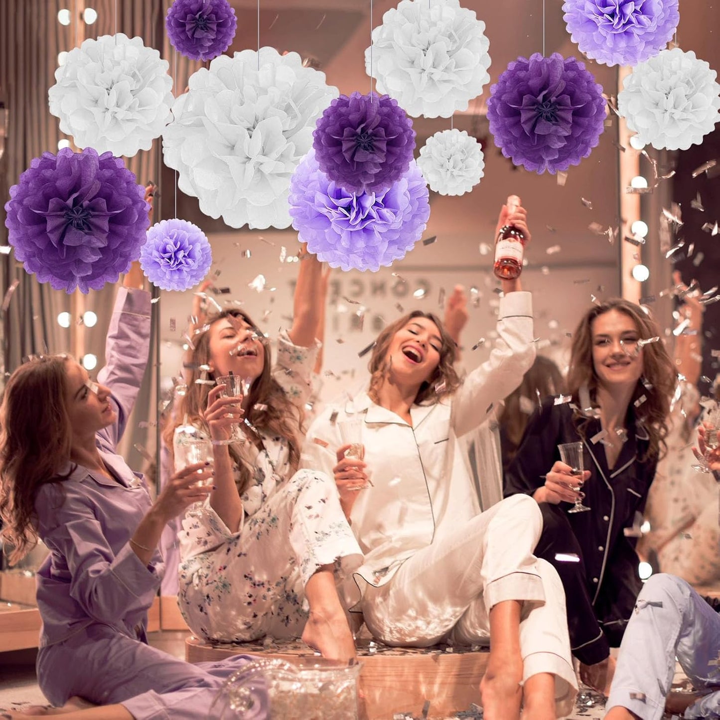 Tissue Paper Pom Poms, Purple White Tissue Paper Flowers, Hanging Flower Balls for Weddings Fiesta Parties Birthday Baby Showers Classroom Bridal Shower Decoration (18Piece Set-6/10/12/14Inch)