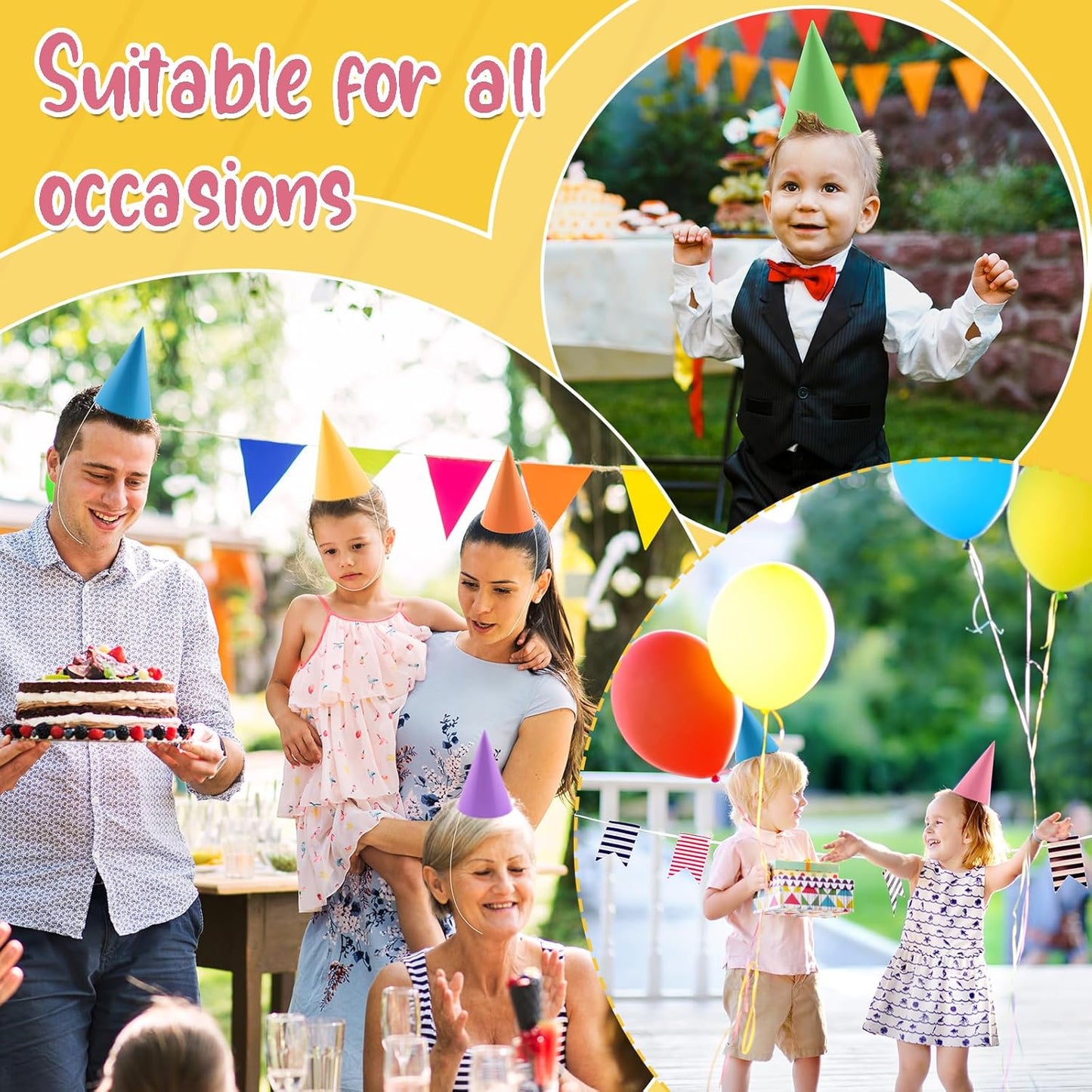 24 PCS Birthday Party Cone Hats Party Hat with Elastic String for Kids and Adults Birthday, Baby Shower, Bridal Shower