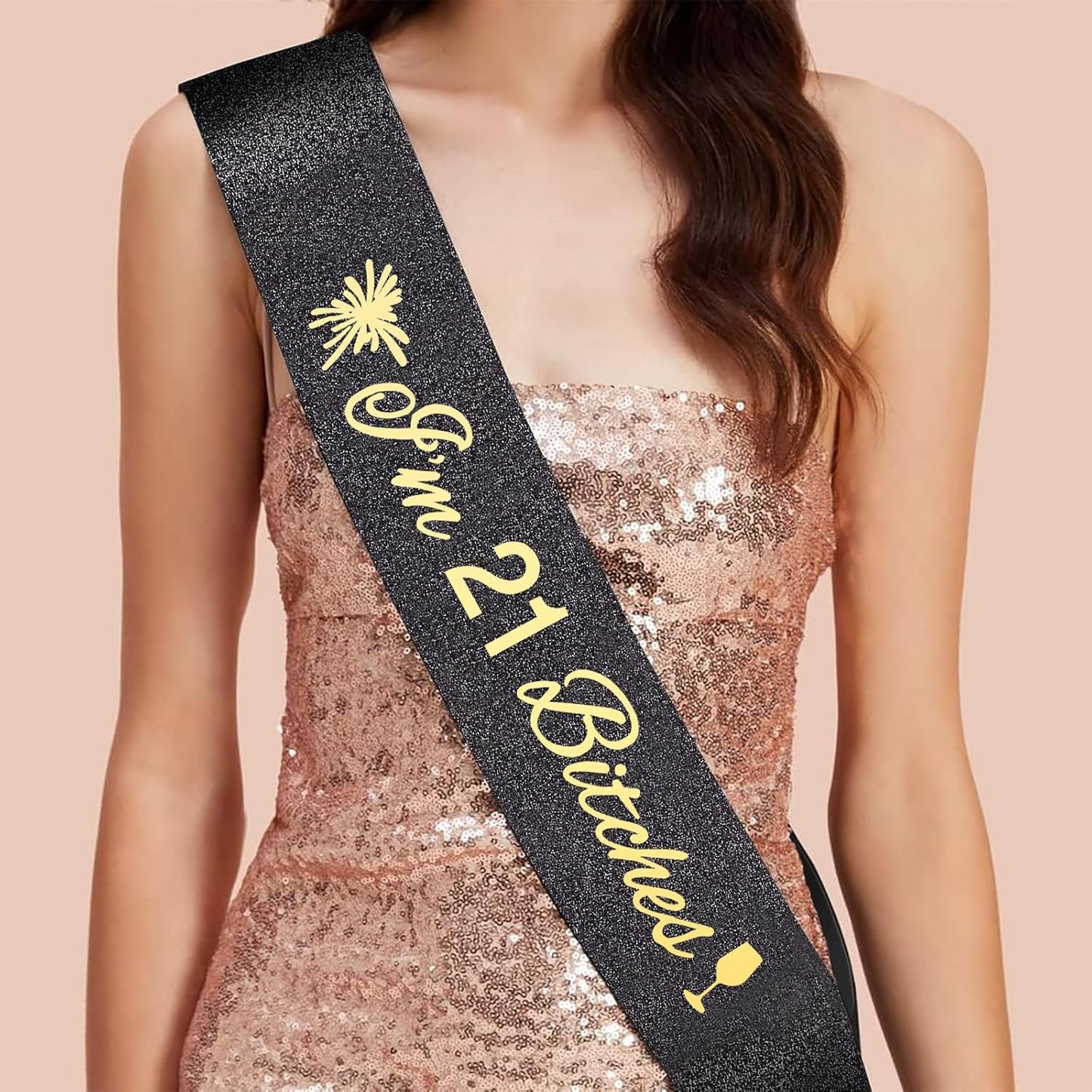 Glitter Black 21st Birthday Sash, Rhinestone Rose Gold Tiara, Cake Topper and Candles, 21st Birthday Decorations for Her